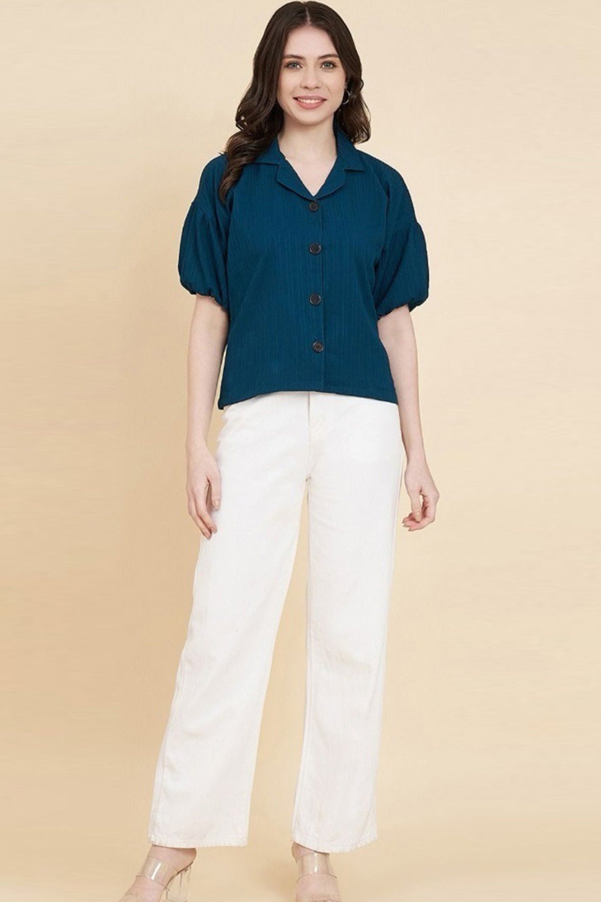 Buy Teal Blue Popcorn Style Shirt for women by Aastha Fashion online available at scrollnshops