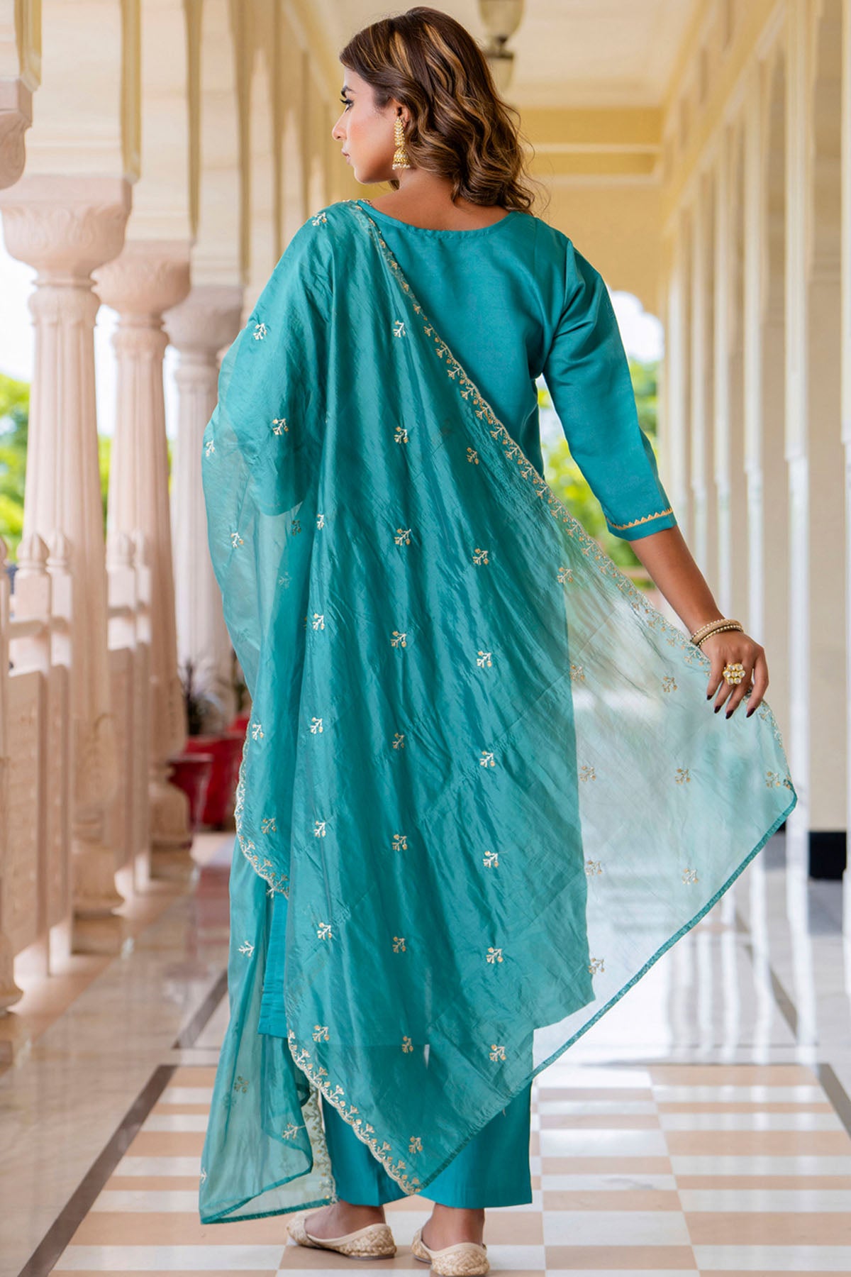 Teal Blue Round Neck Kurta Set