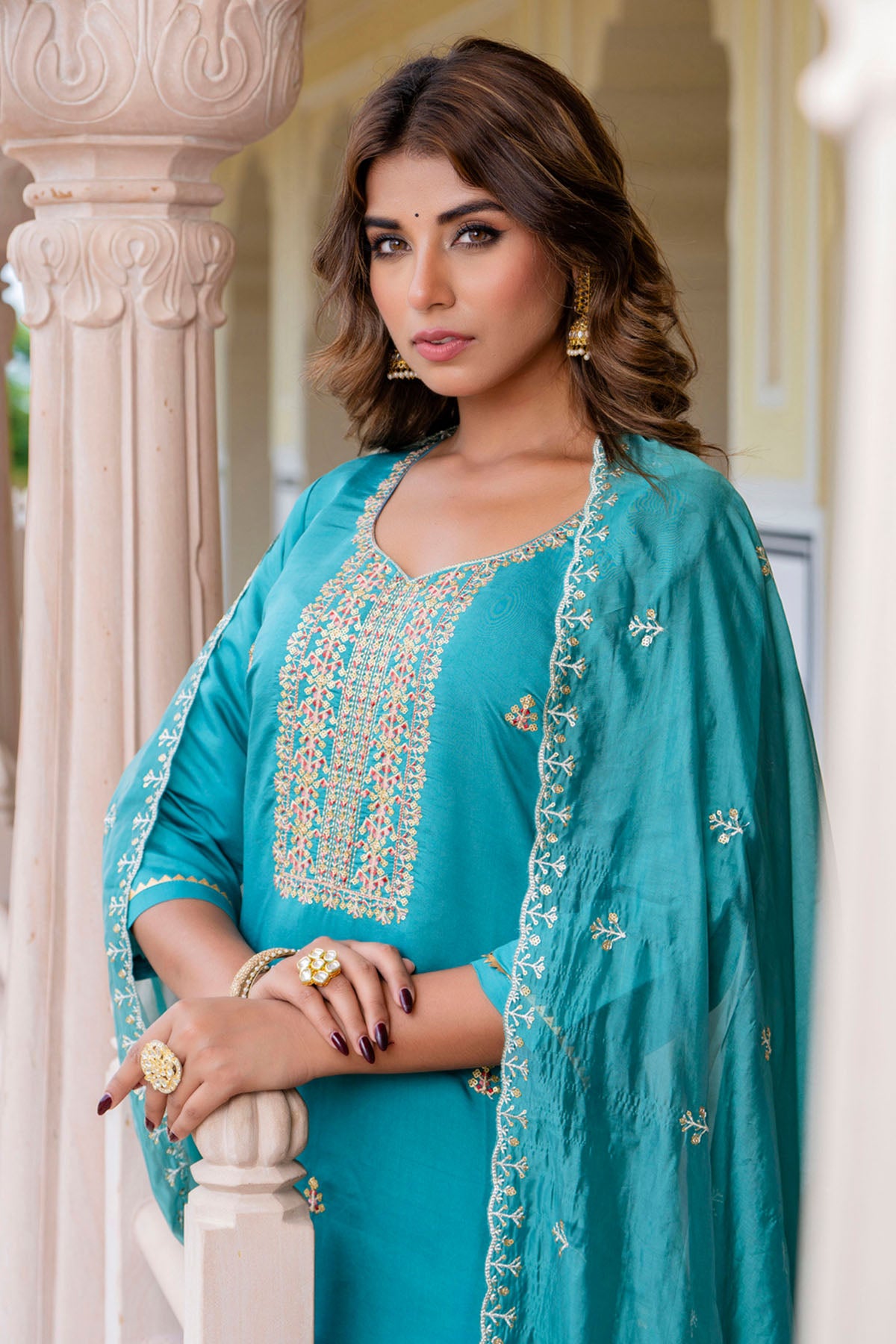 Teal Blue Round Neck Kurta Set