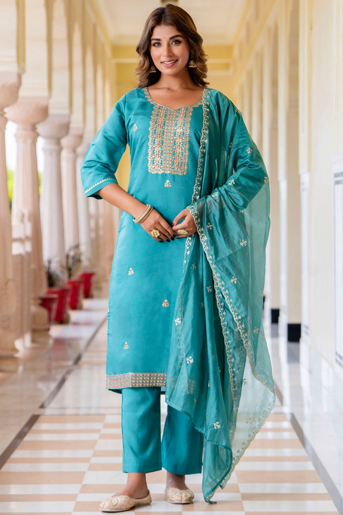 Buy Teal Blue Round Neck Kurta Set for women by Aastha Fashion online available at scrollnshops