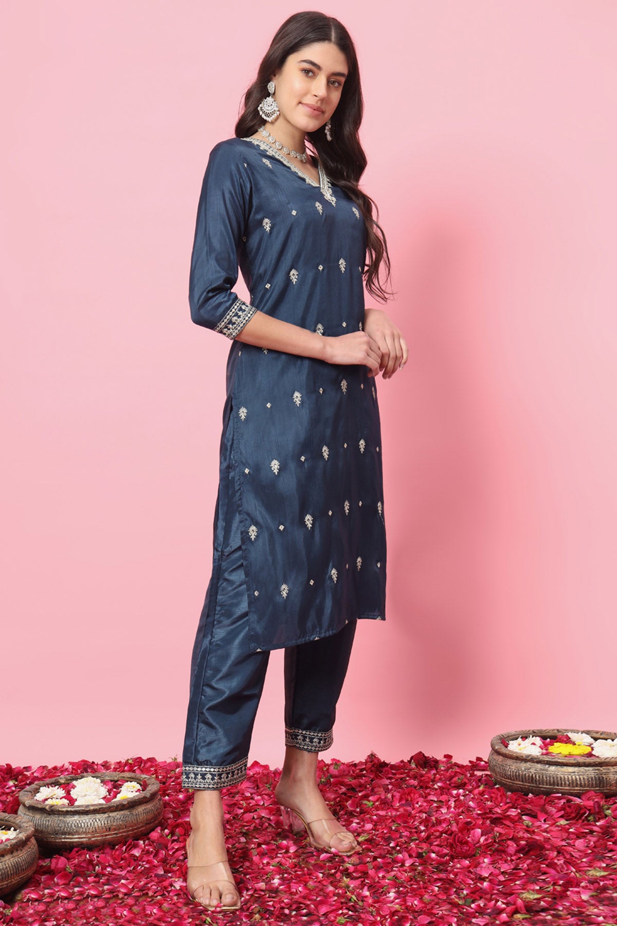 Teal Blue Silk Blend Kurta Set
