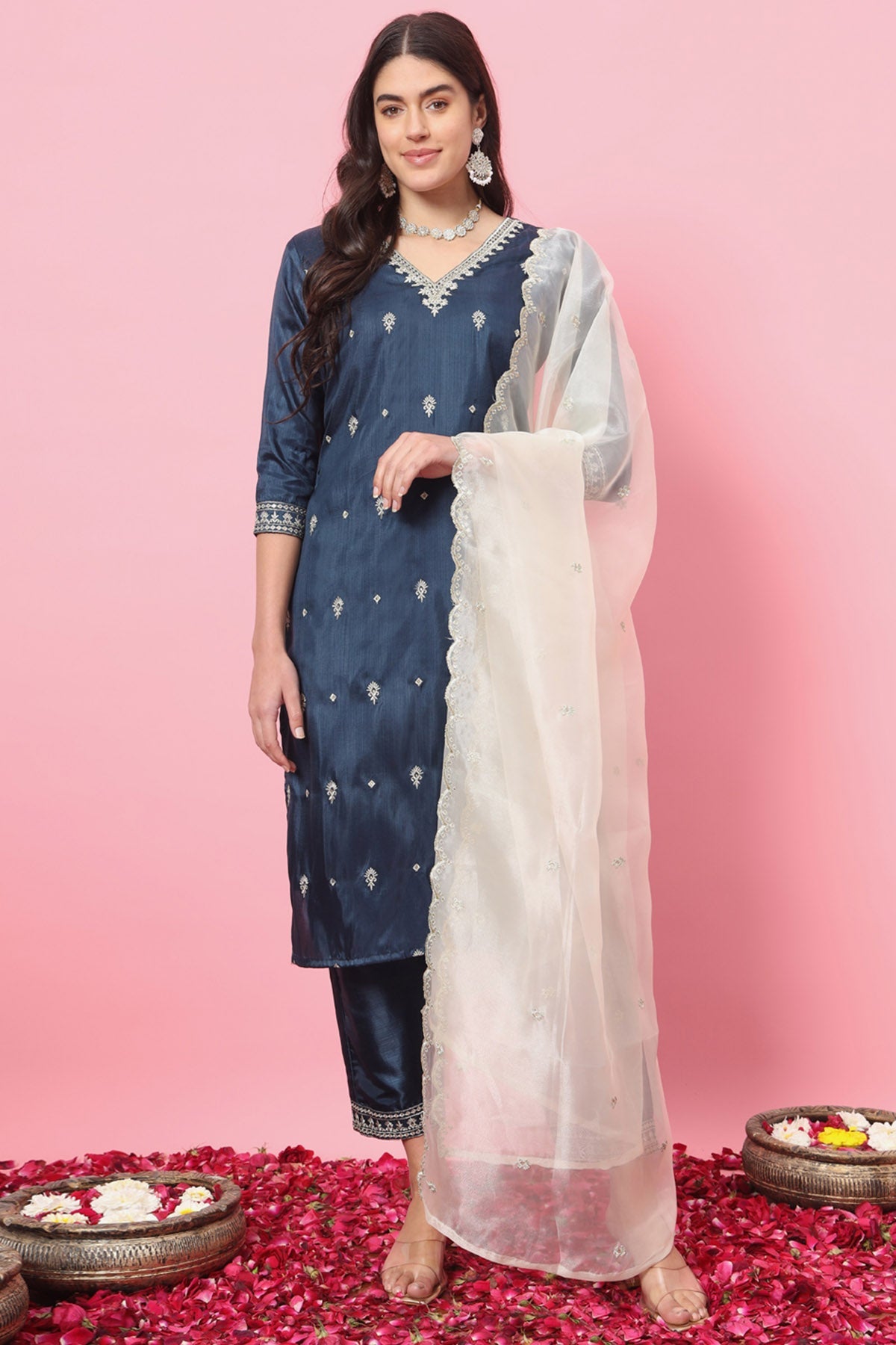 Buy Teal Blue Silk Blend Kurta Set for women by Aastha Fashion online available at scrollnshops