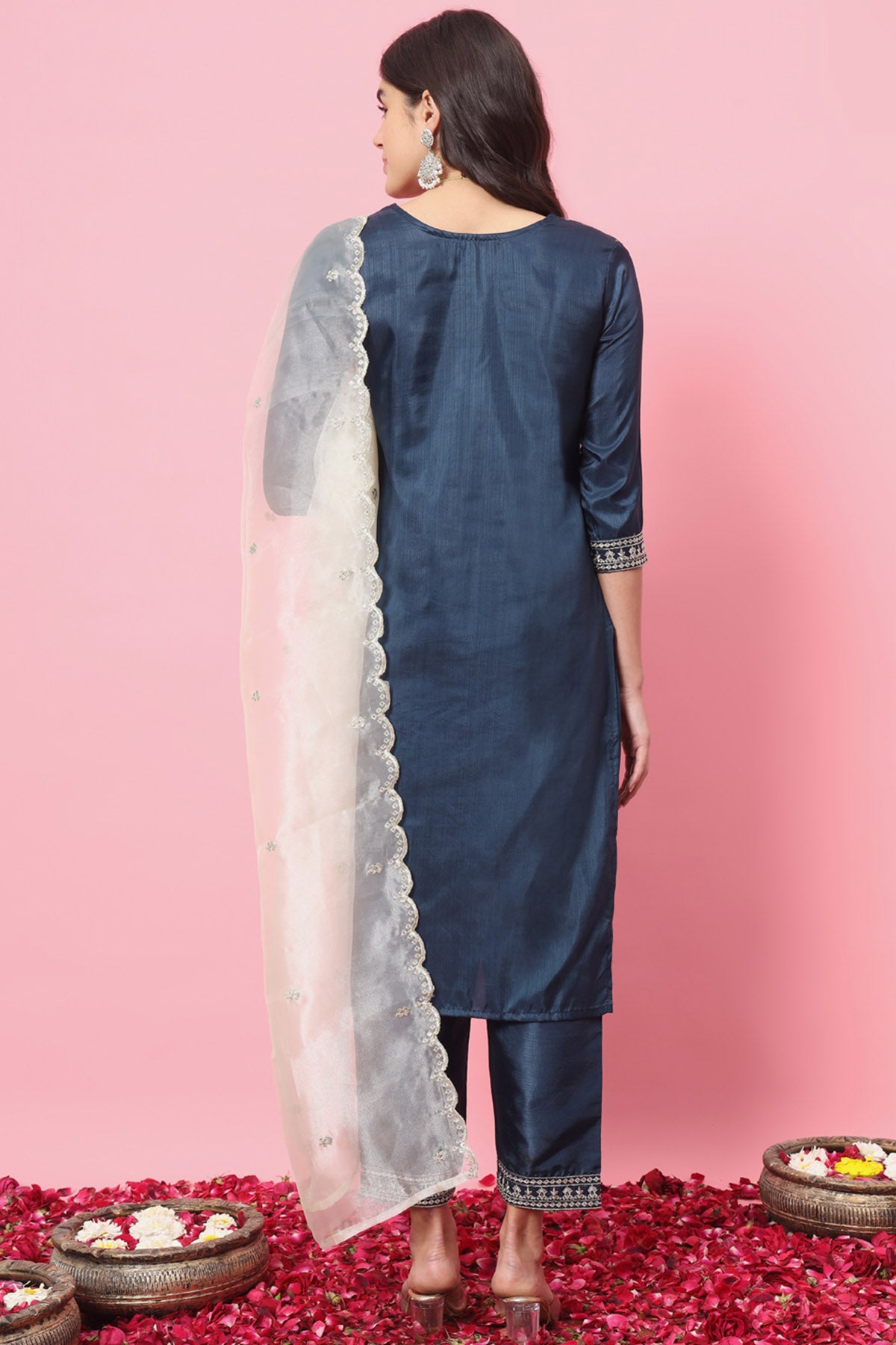 Teal Blue Silk Blend Kurta Set