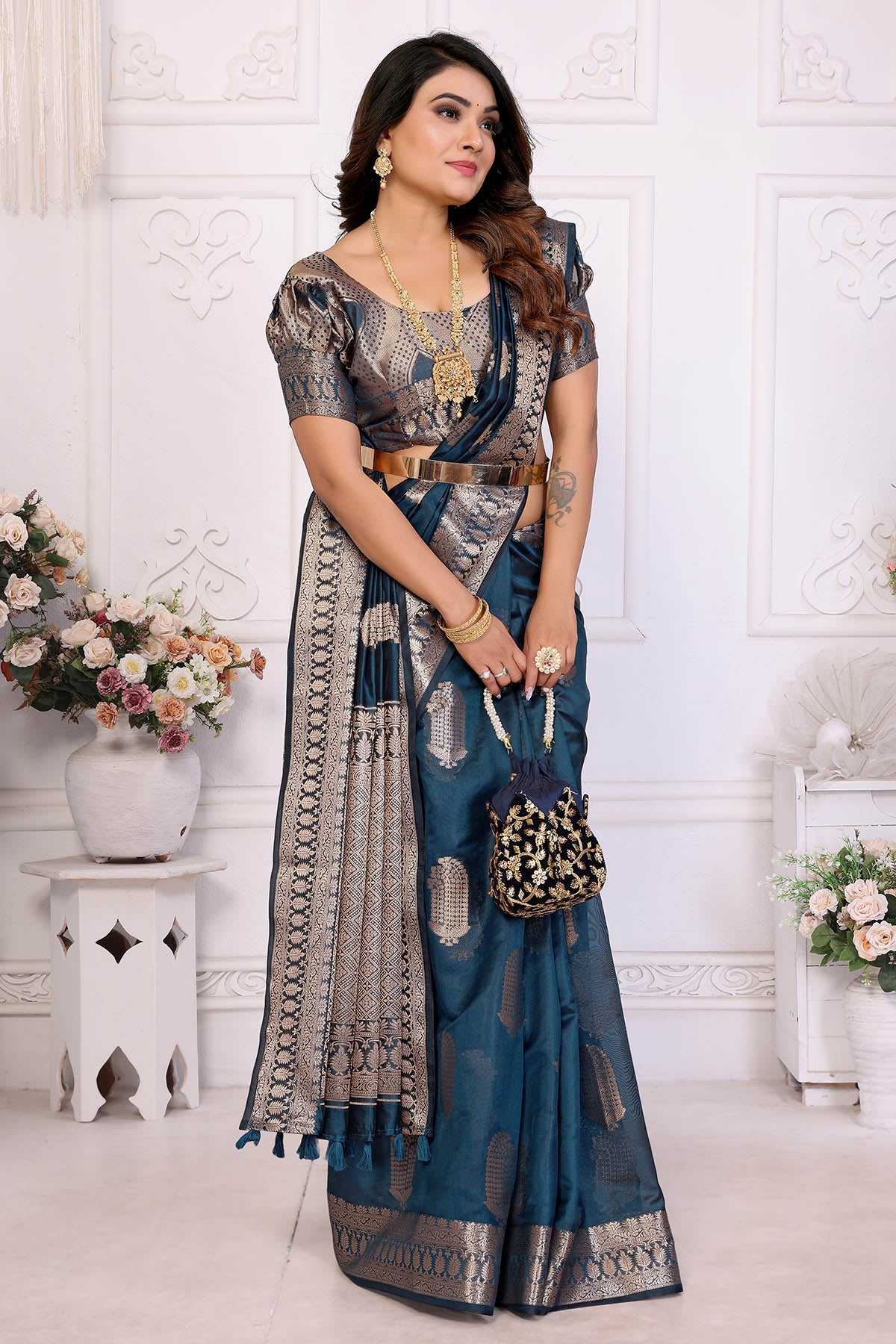 Teal Blue Soft Organza Saree