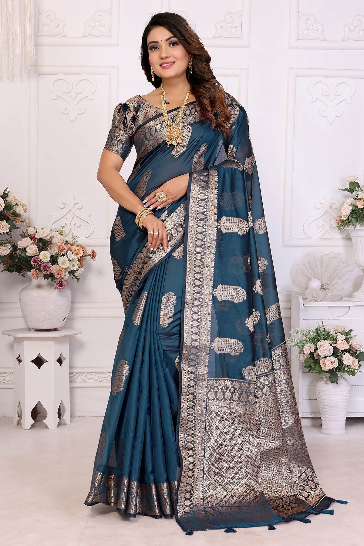 Buy Teal Blue Soft Organza Saree for women by Aastha Fashion online available at scrollnshops