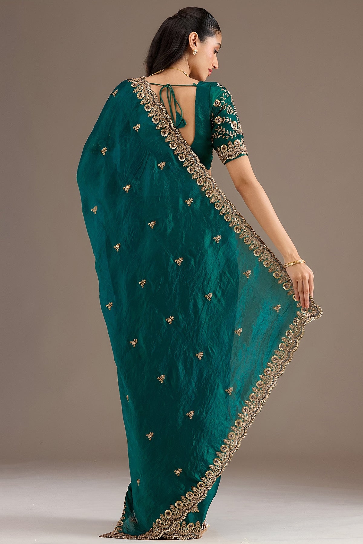 Teal Blue Tissue Diamond Saree