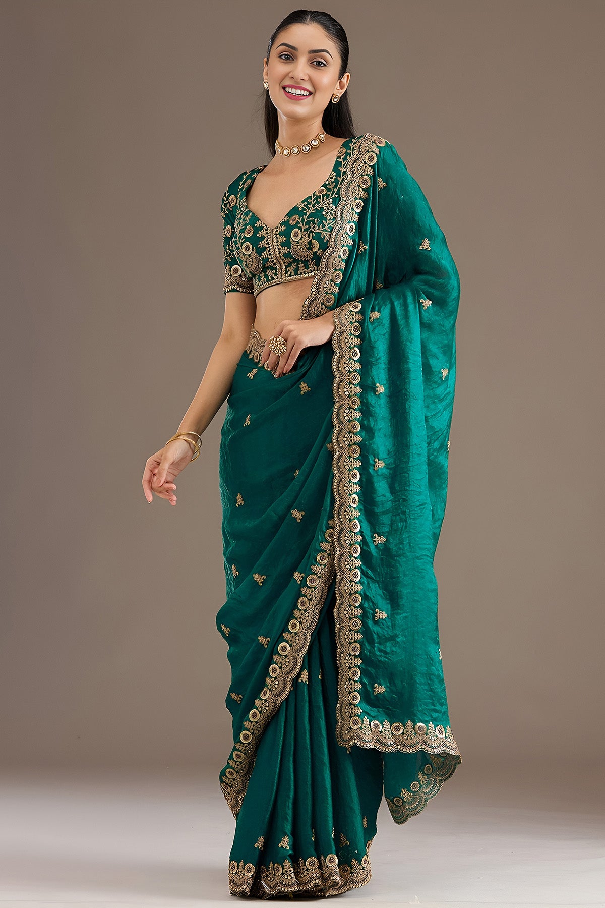 Teal Blue Tissue Diamond Saree