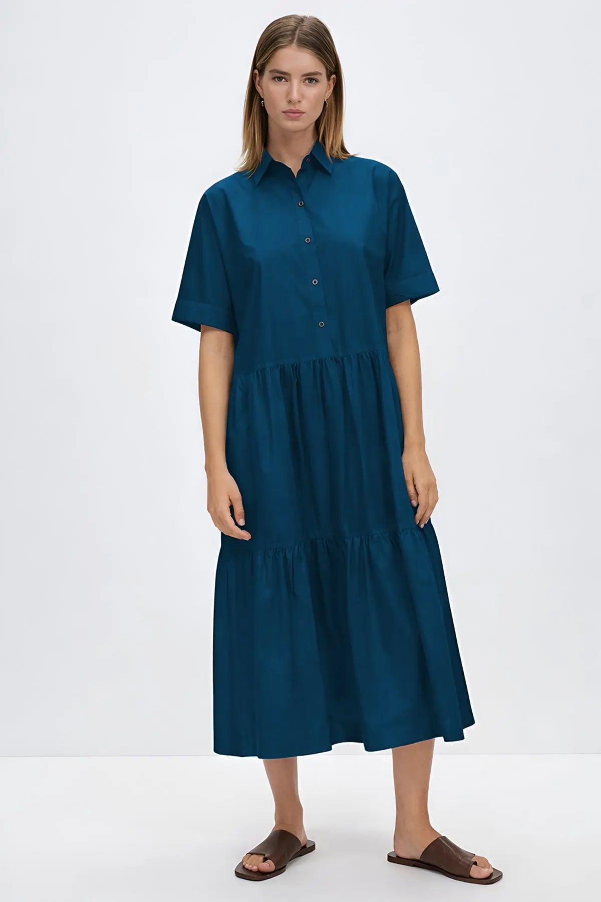 Teal Button Tiered Midi Dress