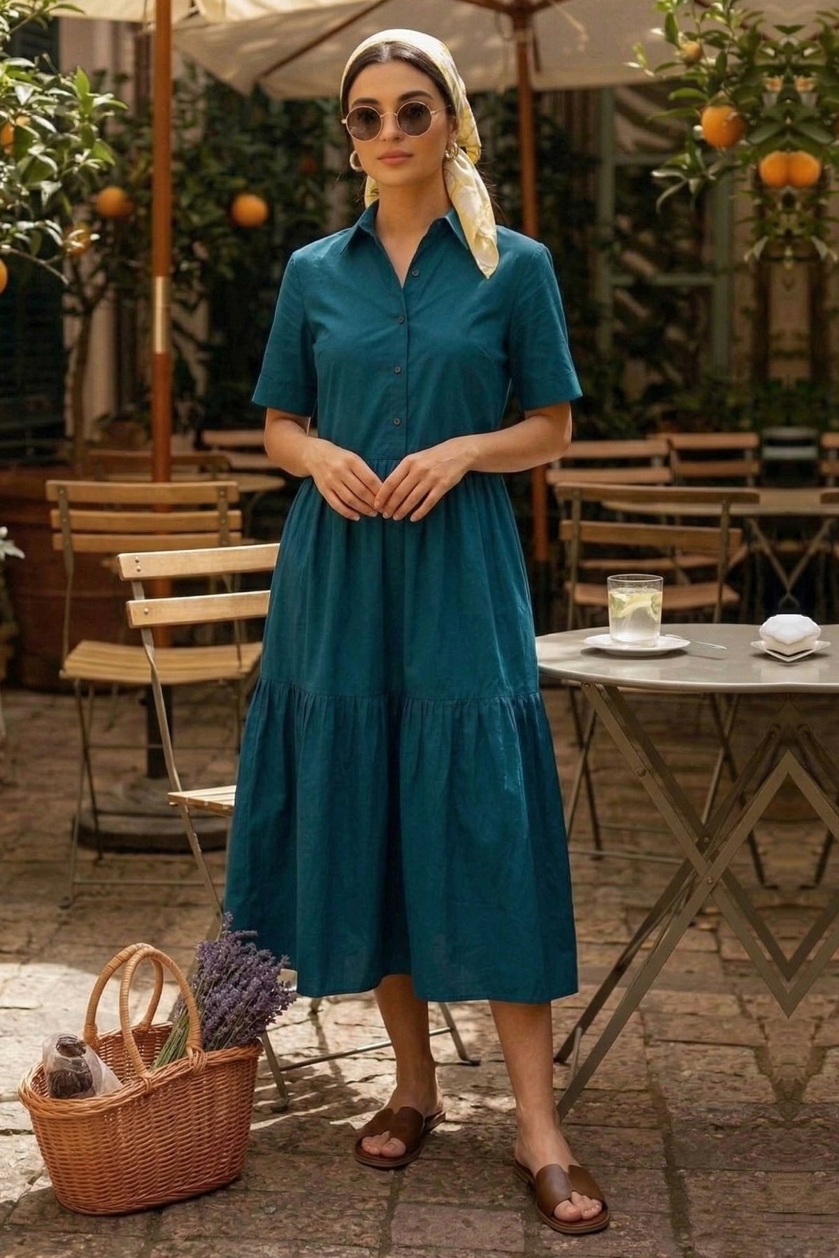 Buy Teal Button Tiered Midi Dress for women by Sneha B online available at scrollnshops