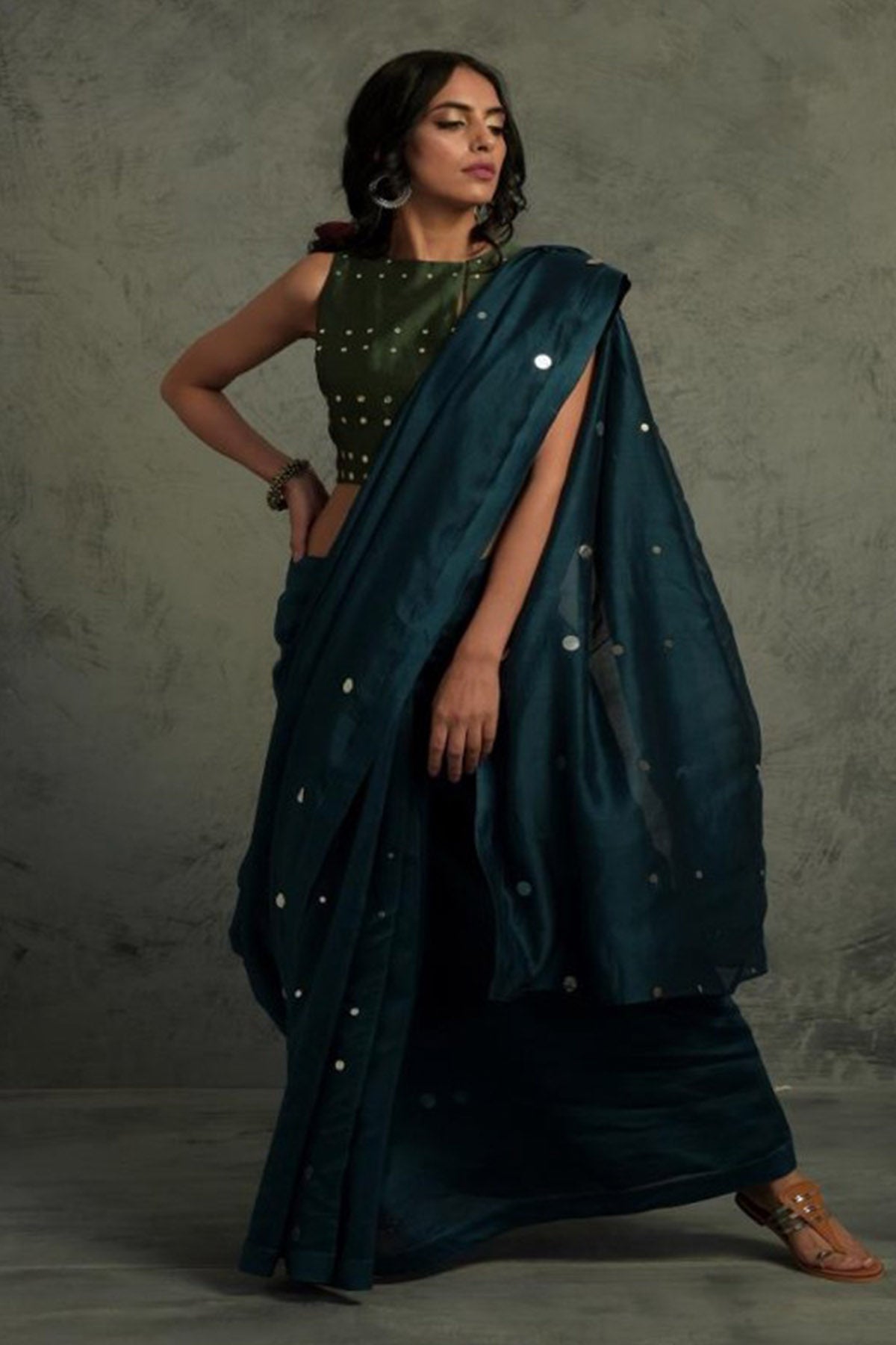 Buy Teal Chanderi Saree & Blouse by Charkhee for women online at ScrollnShops