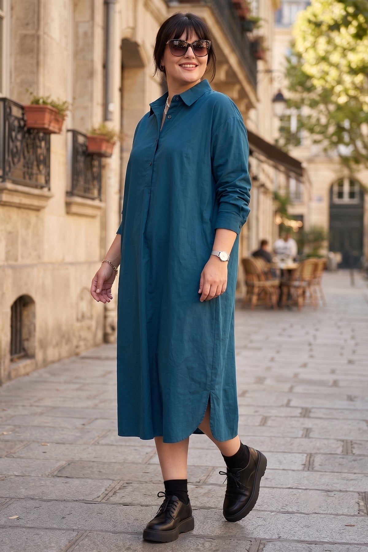 Teal Cotton Cambric Midi Dress