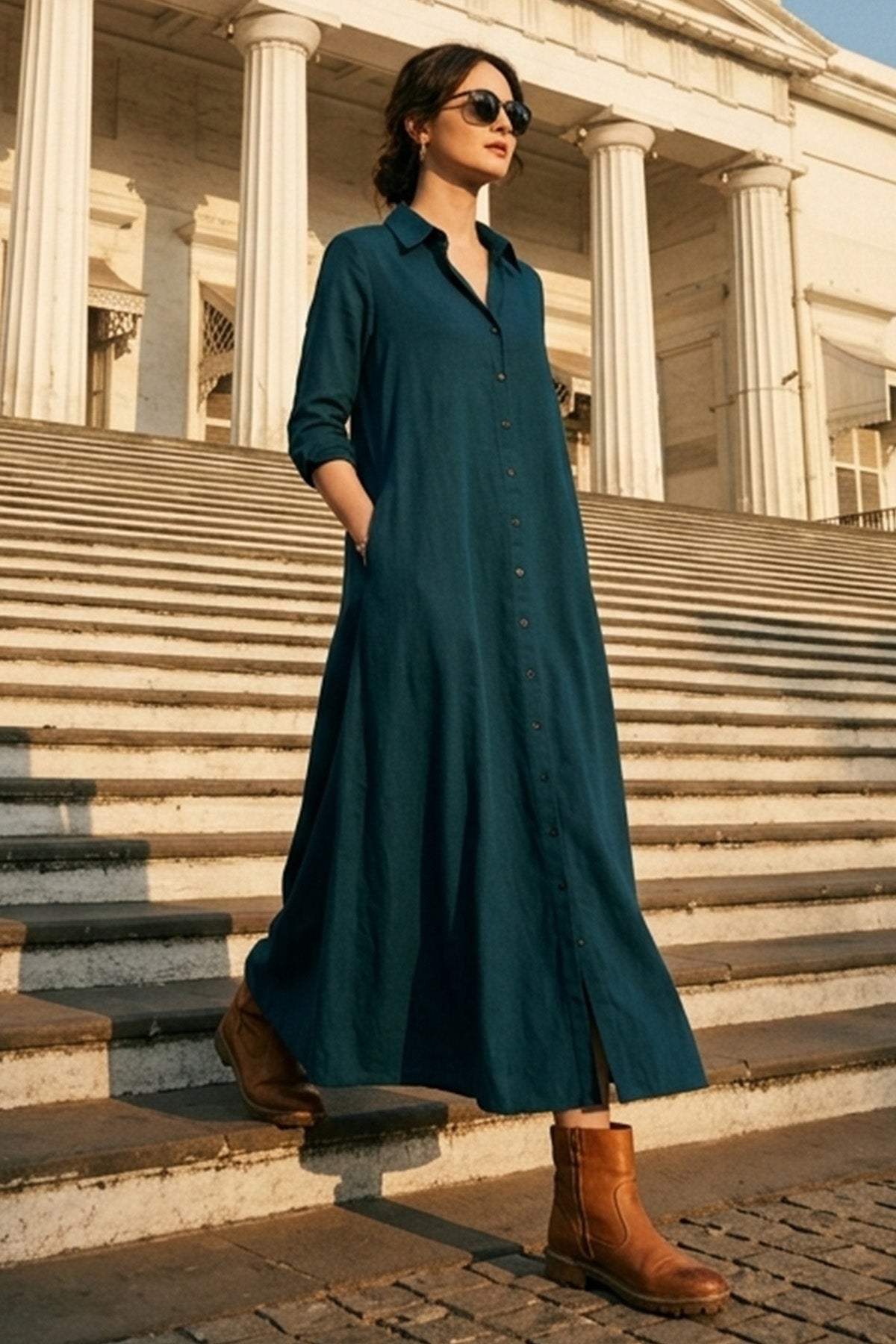 Buy Teal Cotton Maxi Shirt Dress for women by Sneha B online available at scrollnshops