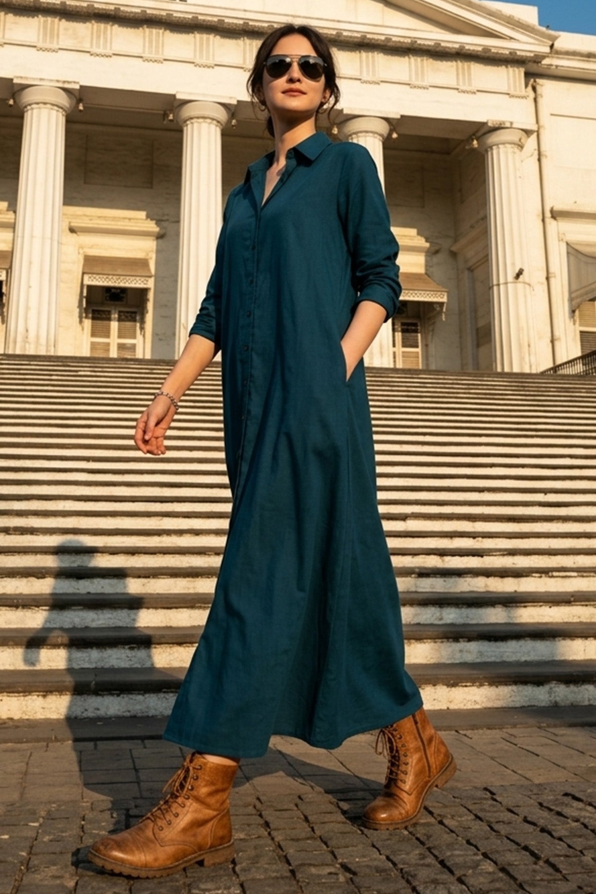 Teal Cotton Maxi Shirt Dress