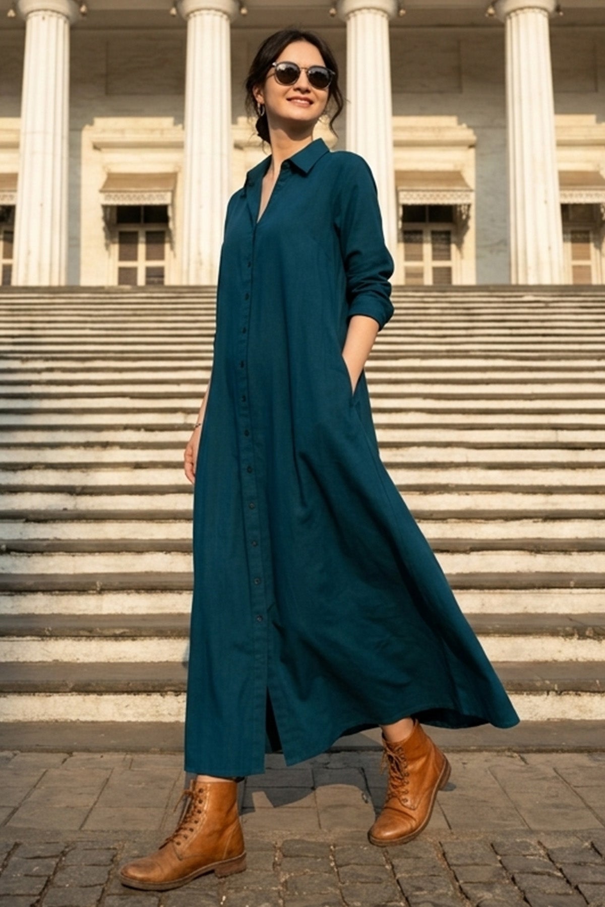 Teal Cotton Maxi Shirt Dress