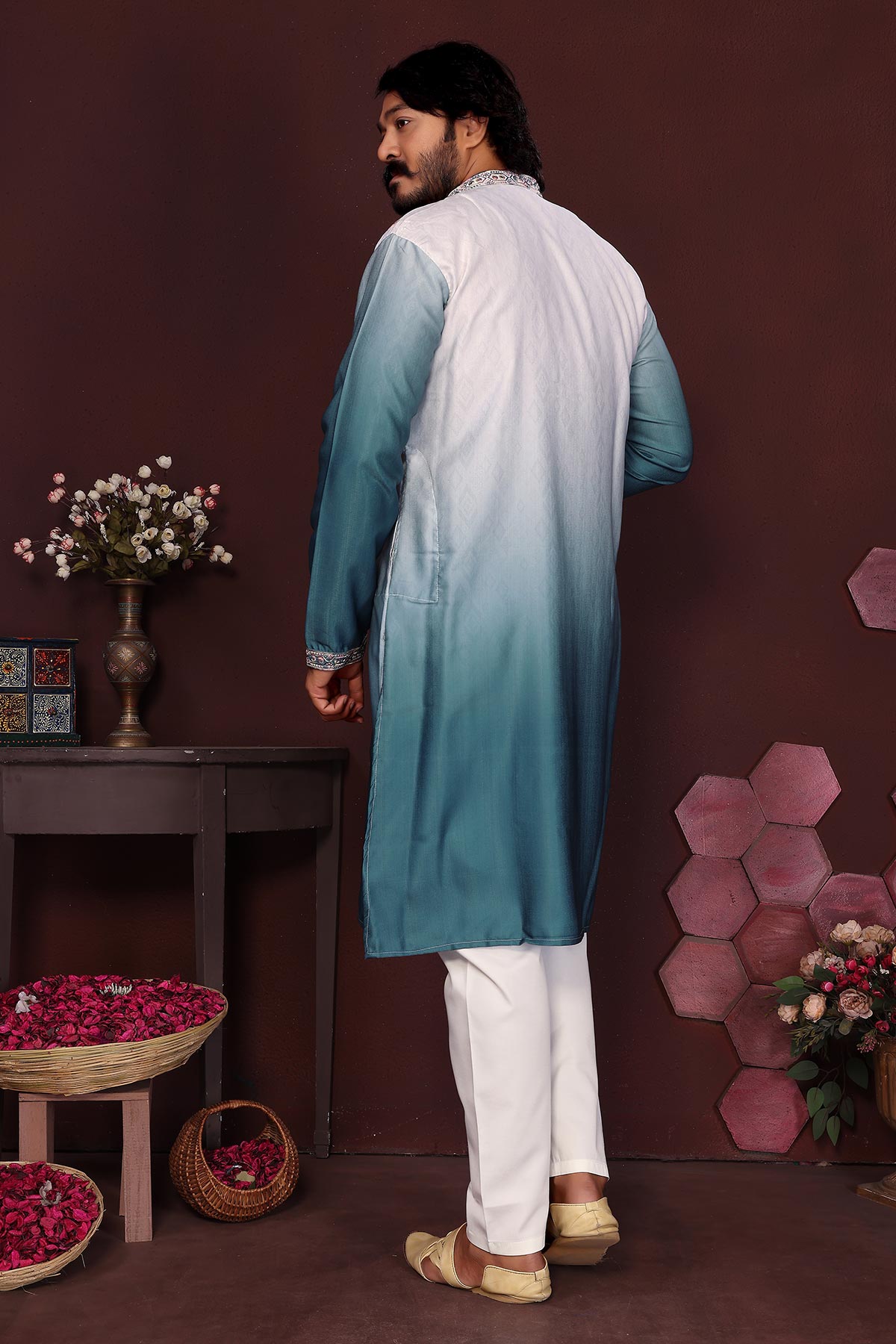 Teal Cotton Sequin Kurta & Pant