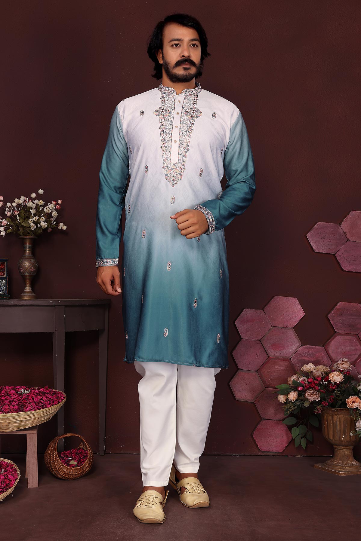 Buy Teal Cotton Sequin Kurta & Pant for men by Jyoti Fashion online available at scrollnshops