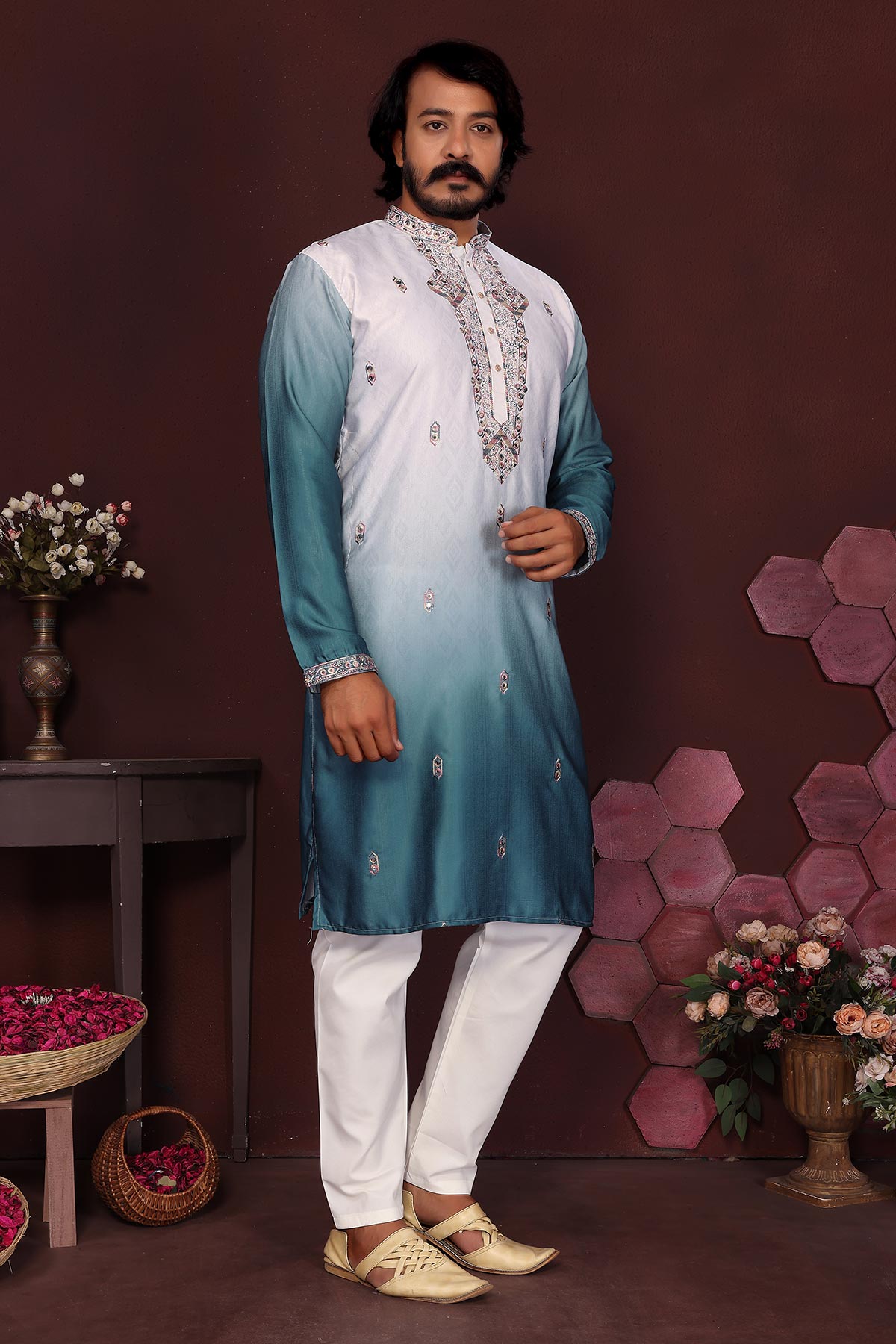 Teal Cotton Sequin Kurta & Pant