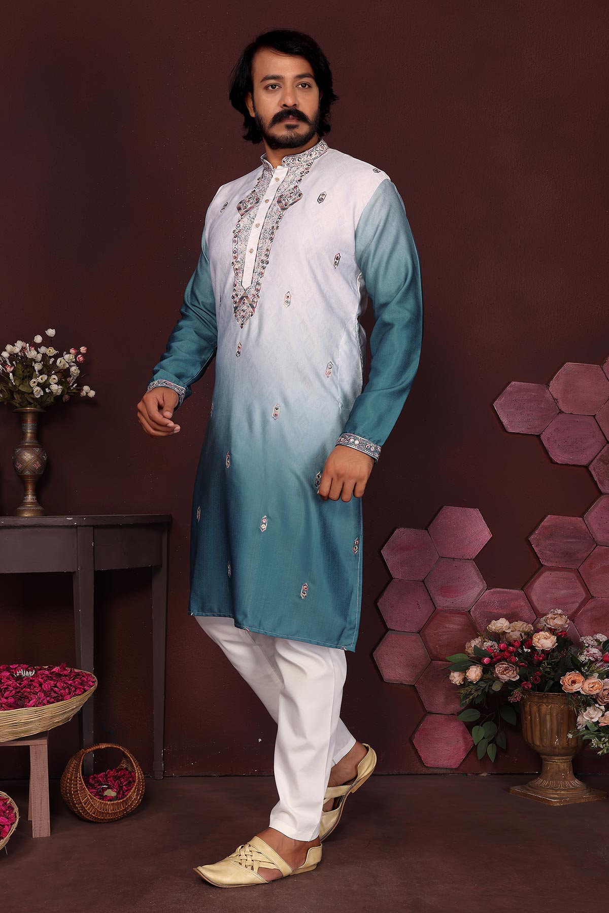 Teal Cotton Sequin Kurta & Pant