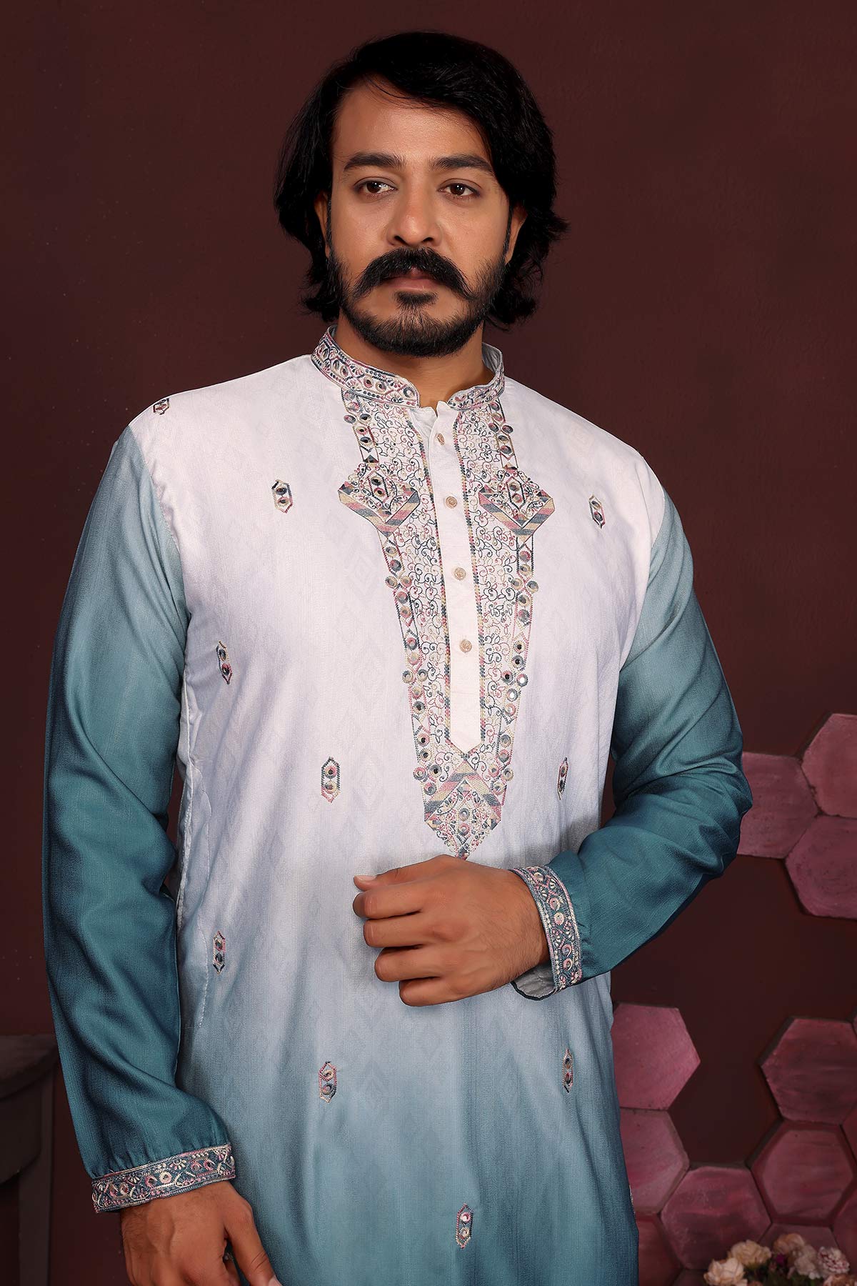 Teal Cotton Sequin Kurta & Pant