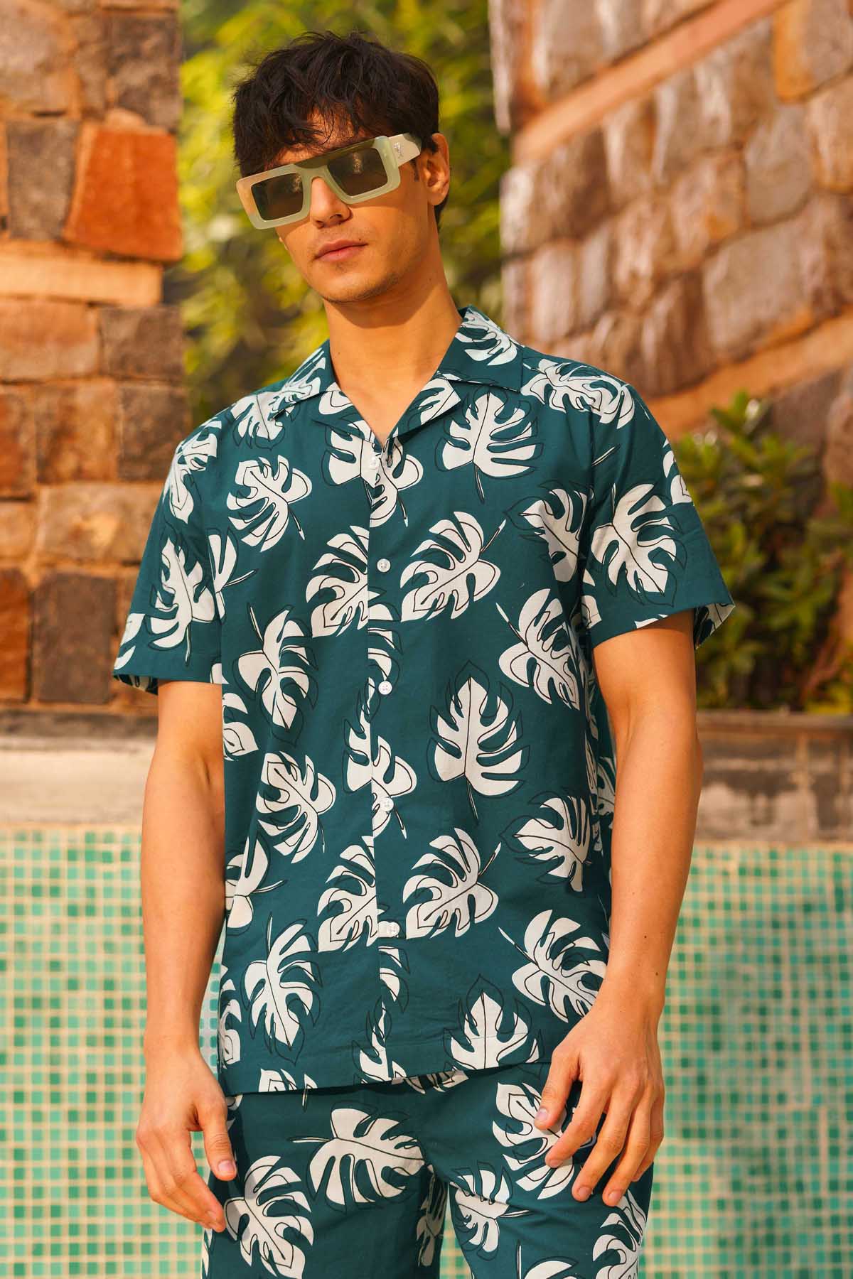 Sewtable Clothing Teal Digital Leaf Print Shirt for men online at ScrollnShops