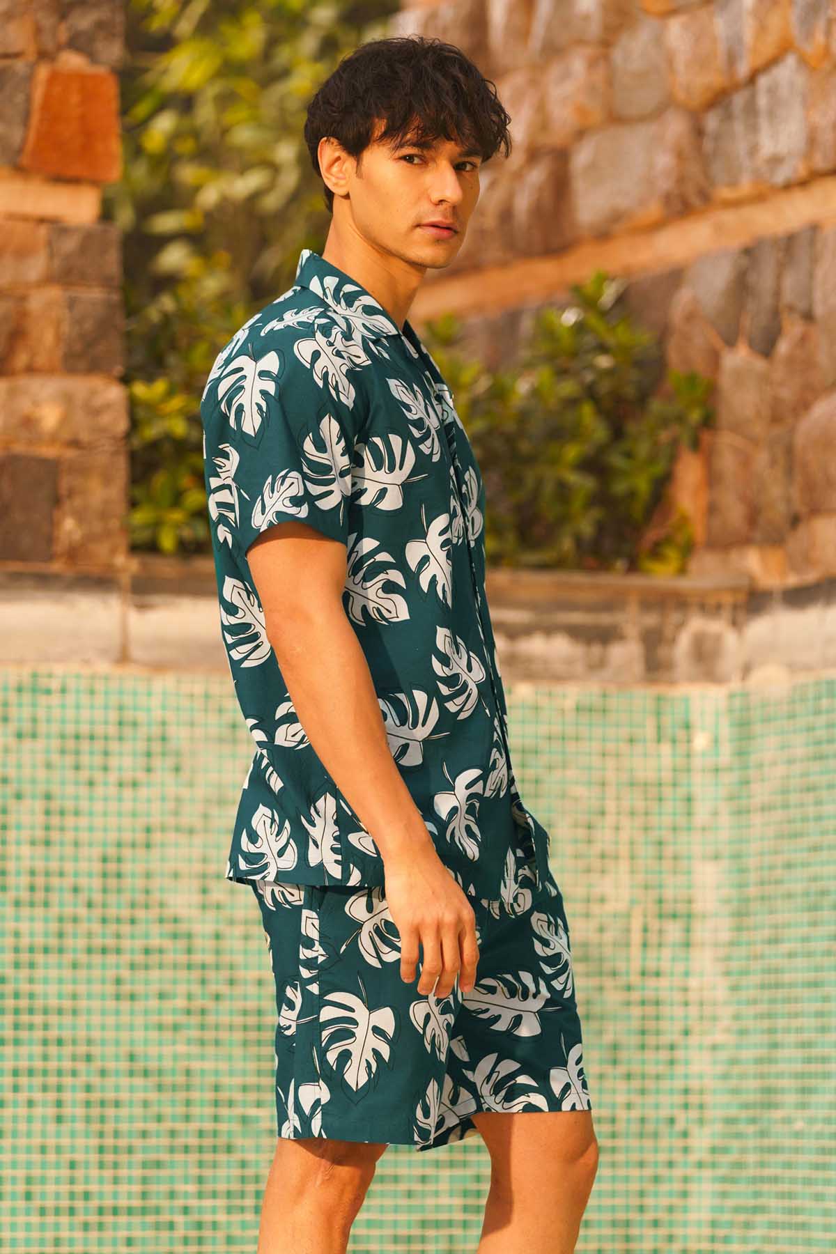 Teal Digital Leaf Print Shirt