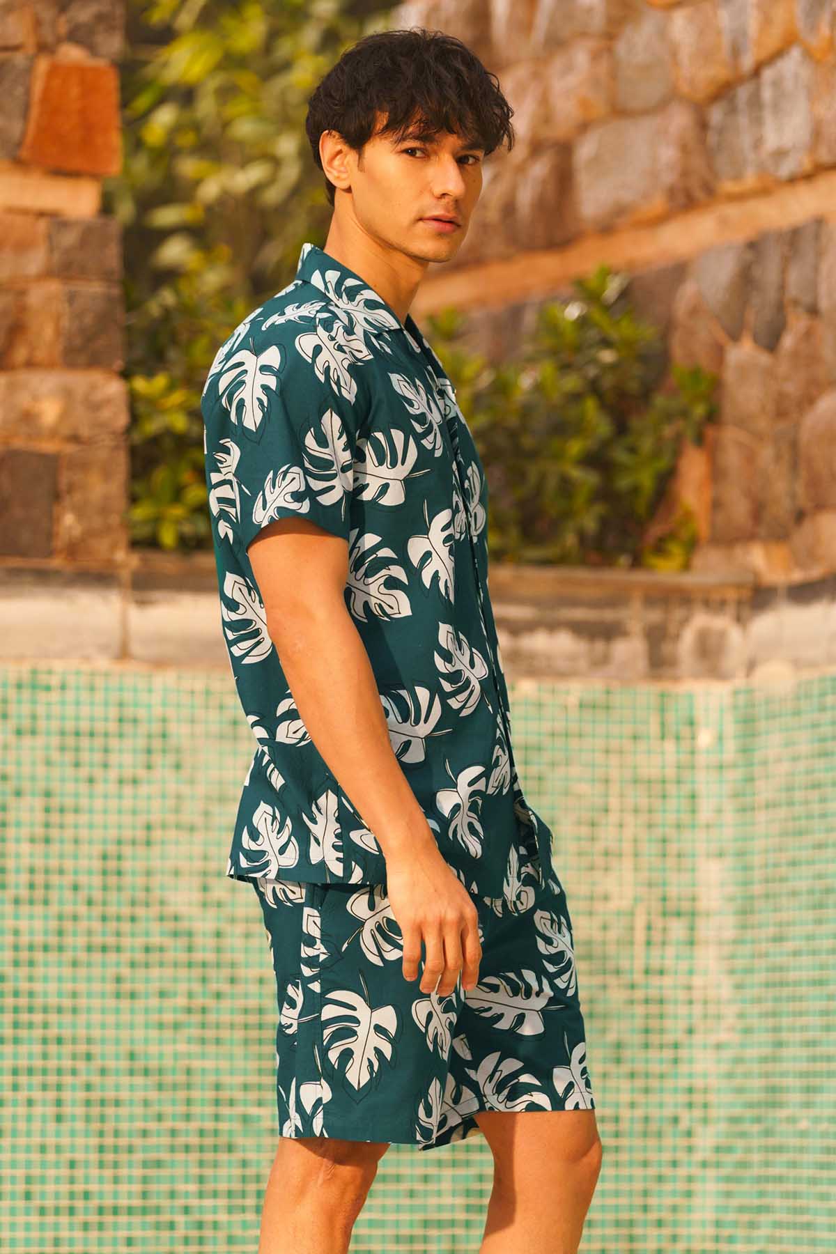 Teal Digital Leaf Print Shorts