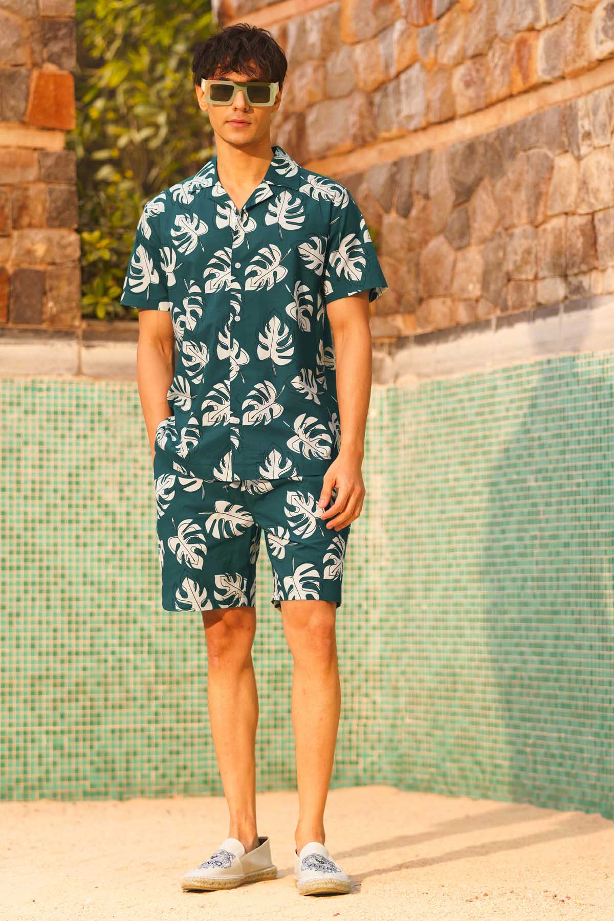 Teal Digital Leaf Print Shorts