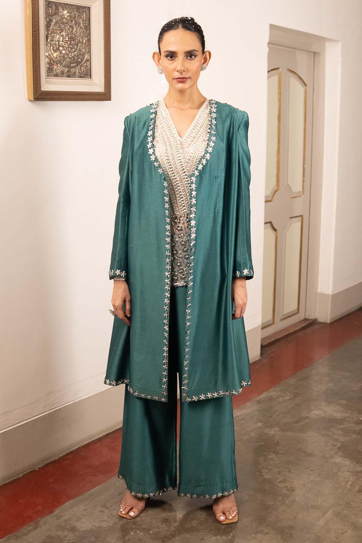 Teal Embroidered Jacket Set