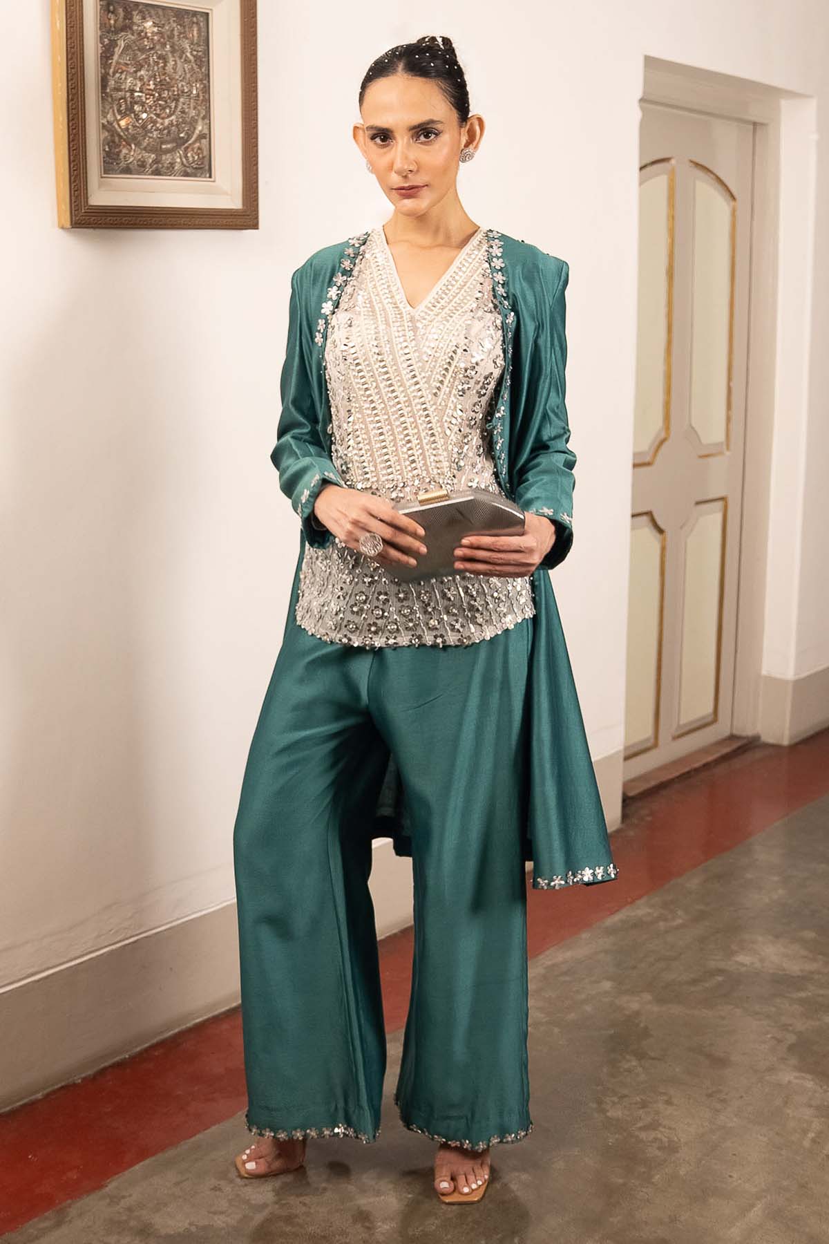 Buy Teal Embroidered Jacket Set by Saksham Neharicka for women online at ScrollnShops