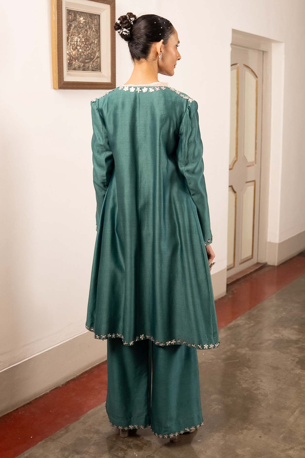 Teal Embroidered Jacket Set