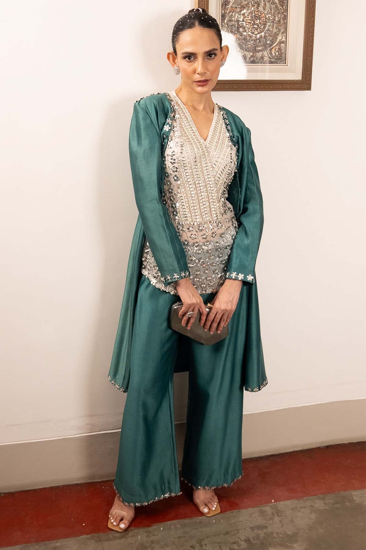 Teal Embroidered Jacket Set