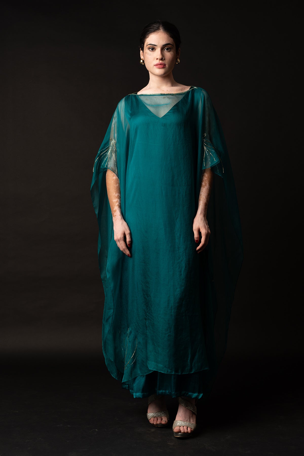 Teal Embroidered Kaftan Set