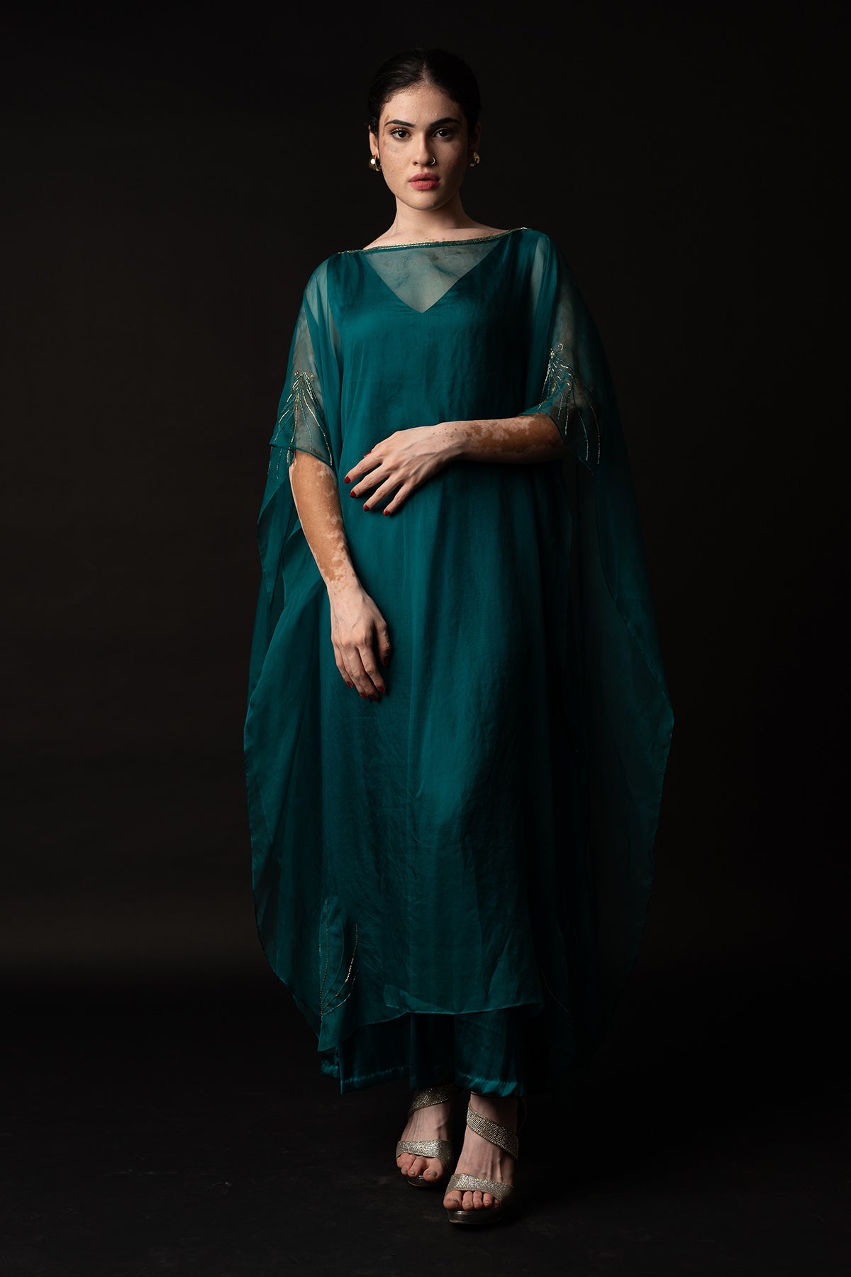 Teal Embroidered Kaftan Set