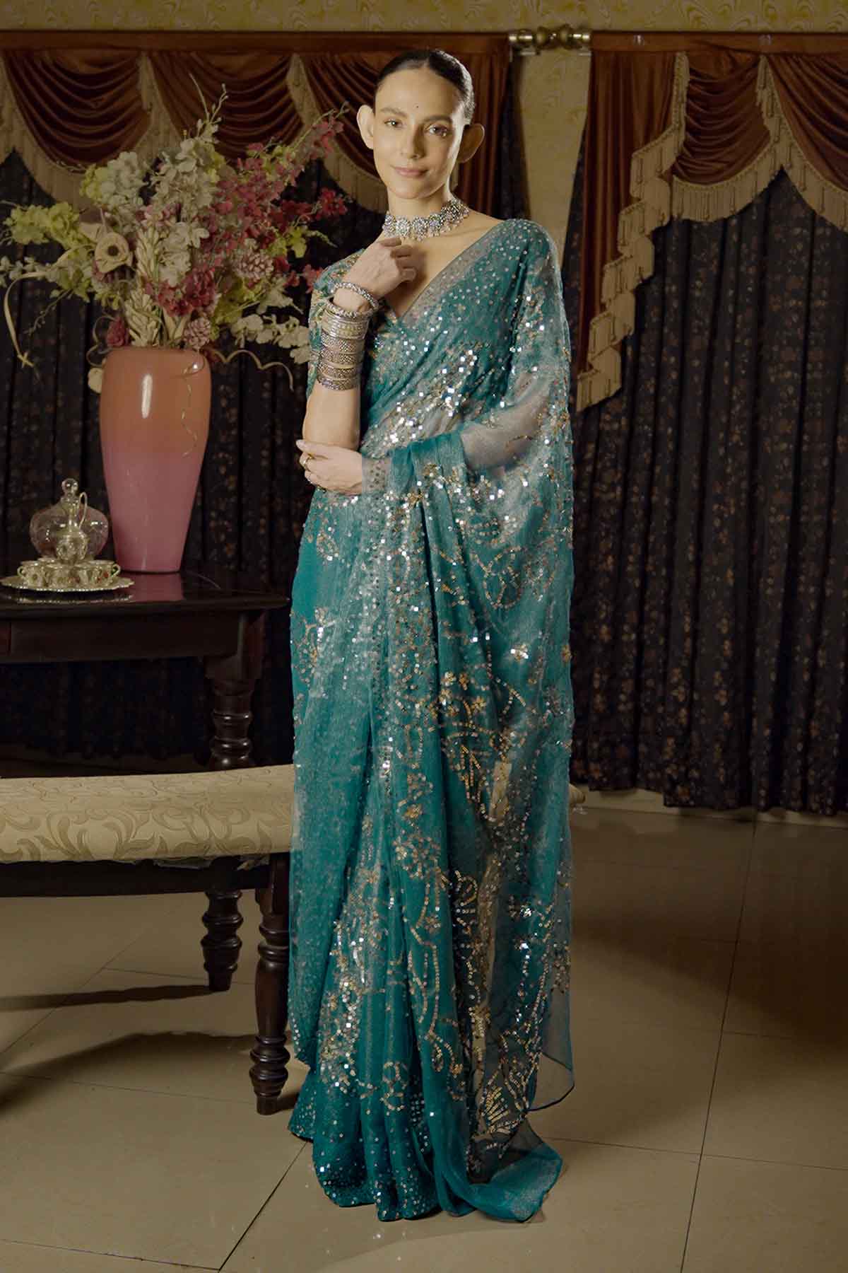 Teal Embroidered Saree & Blouse