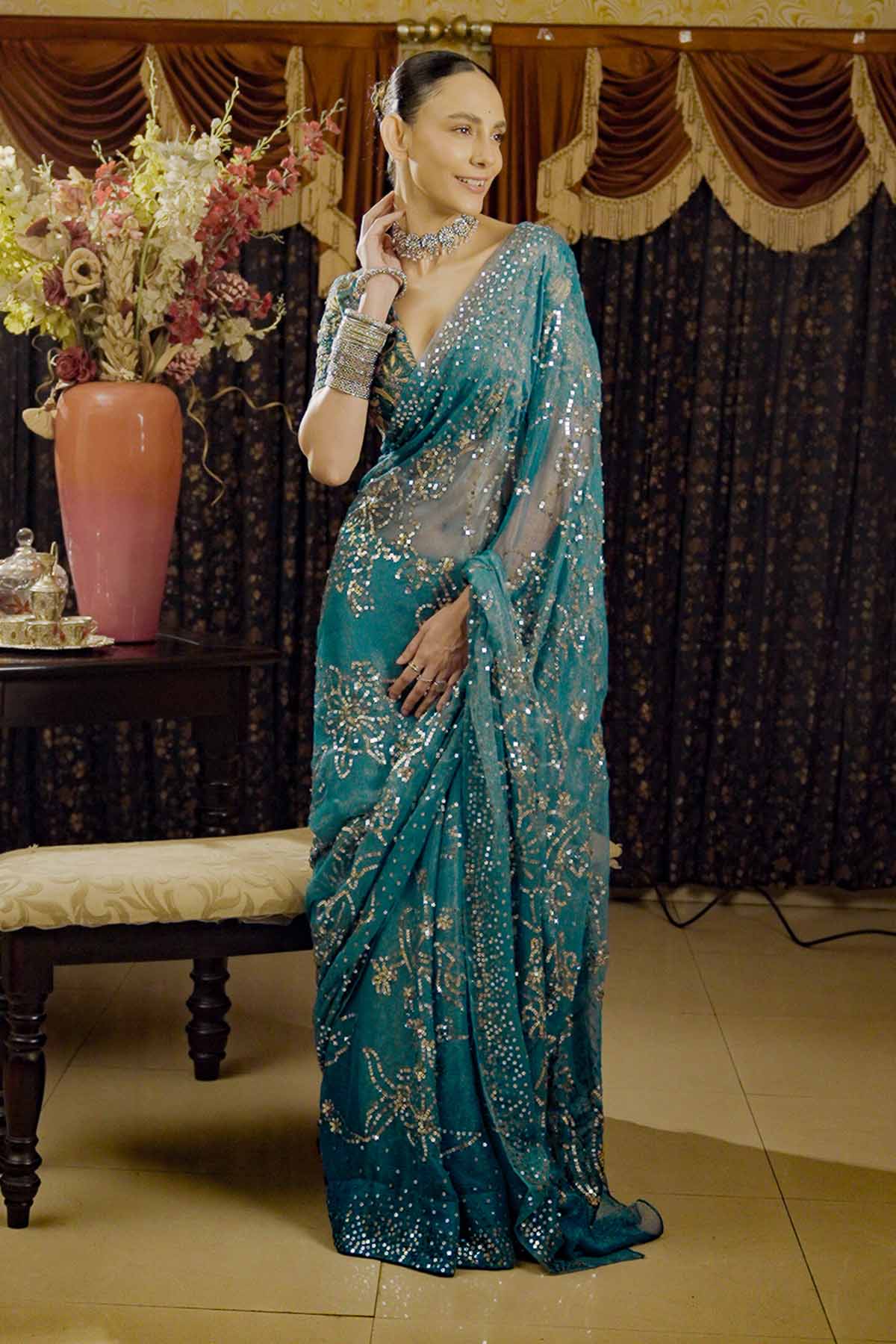 Buy Teal Embroidered Saree & Blouse by Saksham Neharicka for women online at ScrollnShops