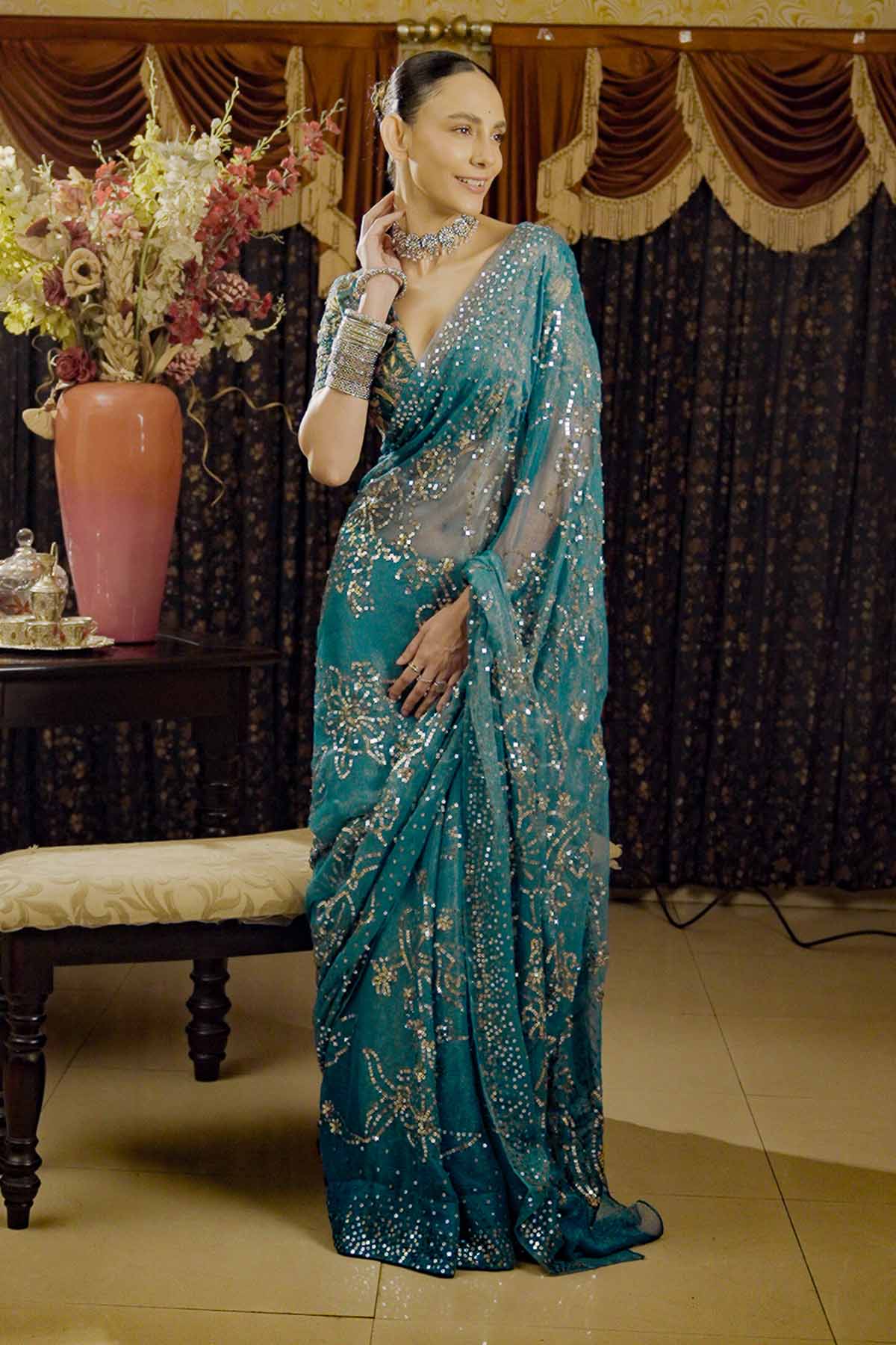 Buy Teal Embroidered Saree & Blouse by Saksham Neharicka for women online at ScrollnShops