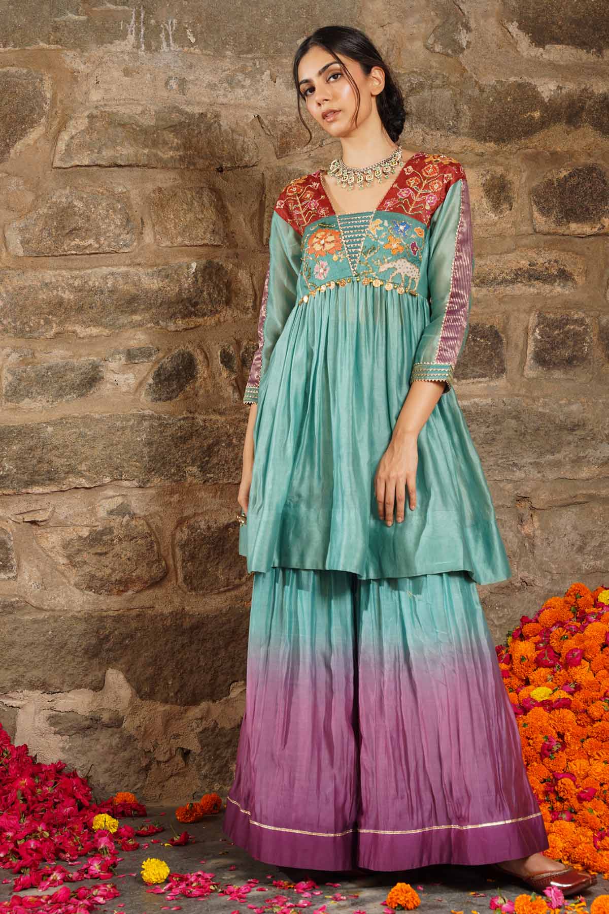 Seharre Teal Embroidered Sharara Set for women online at ScrollnShops