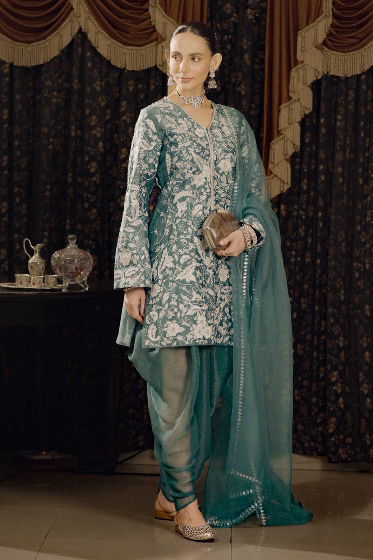 Buy Teal Embroidered Short Kurta Set by Saksham Neharicka for women online at ScrollnShops