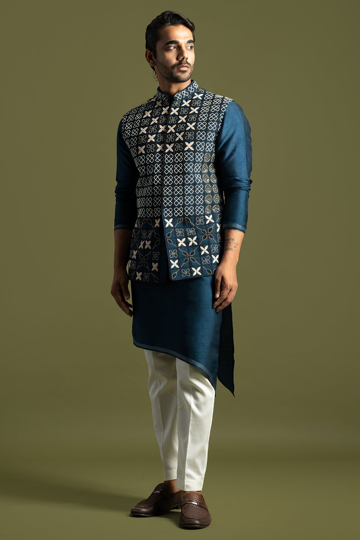 Buy Teal Geometric Bundi Kurta Set for men by Paarsh Atelier online available at scrollnshops