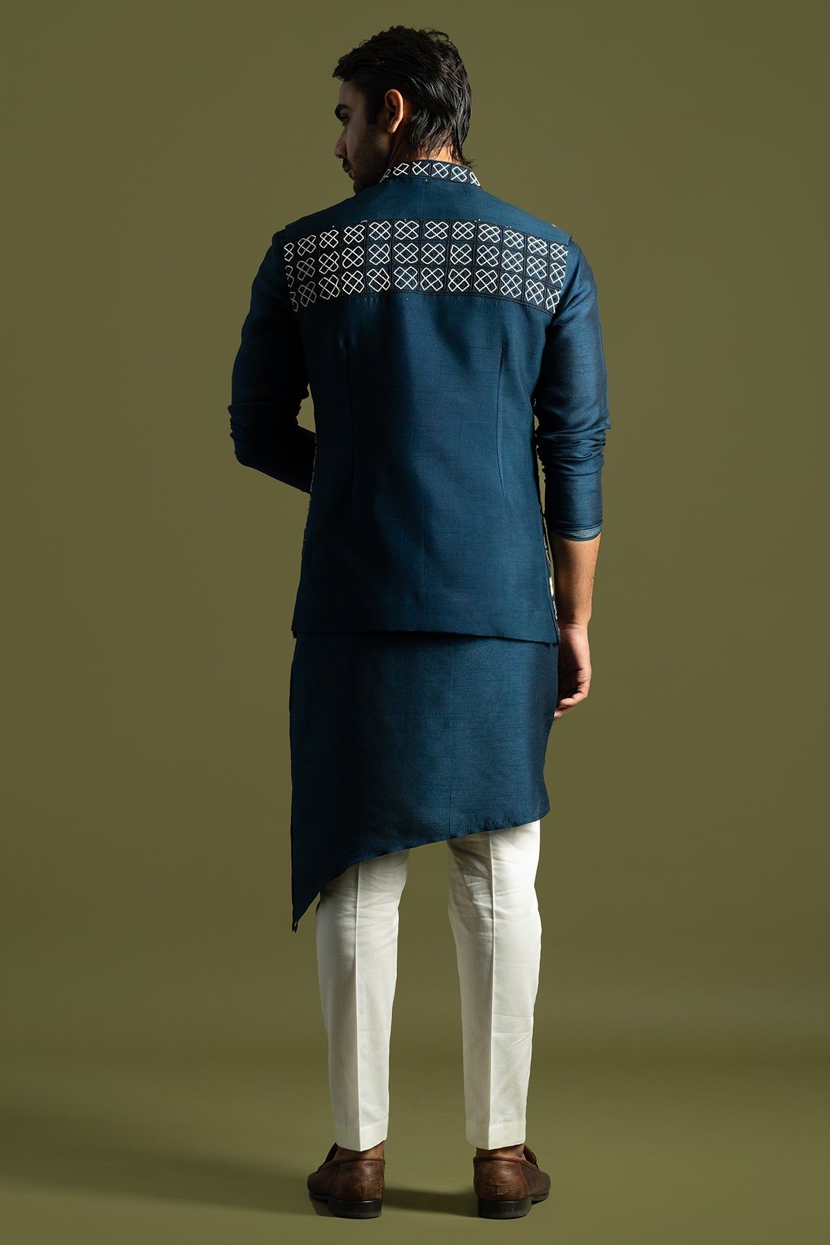 Teal Geometric Bundi Kurta Set