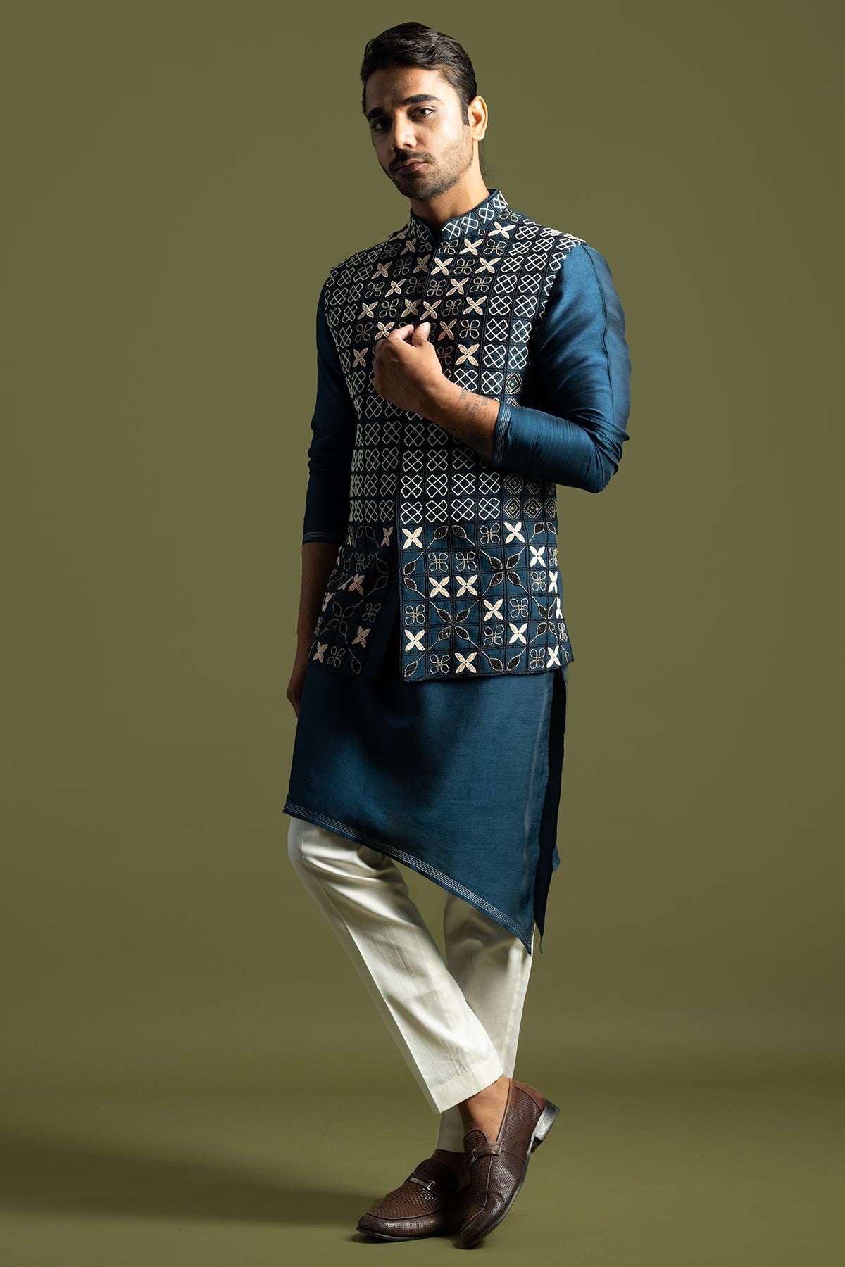 Teal Geometric Bundi Kurta Set