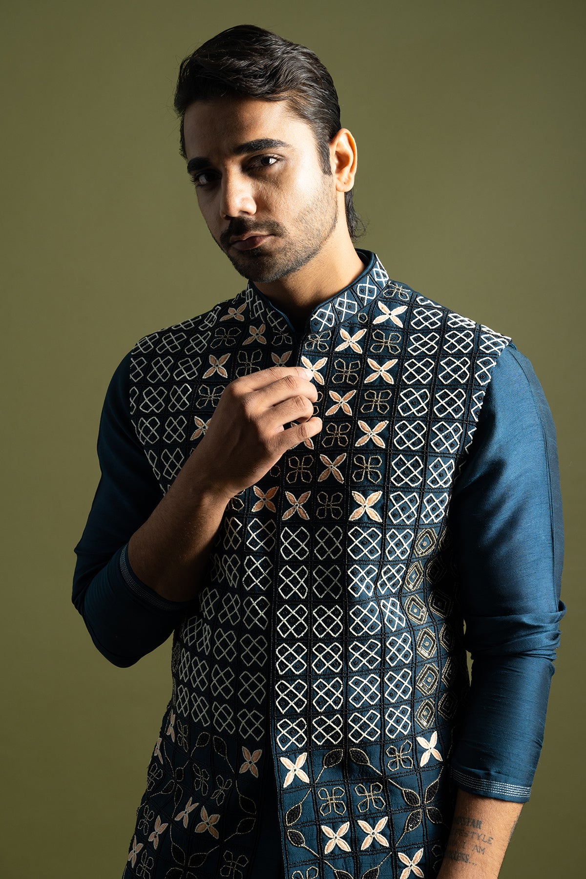 Teal Geometric Bundi Kurta Set