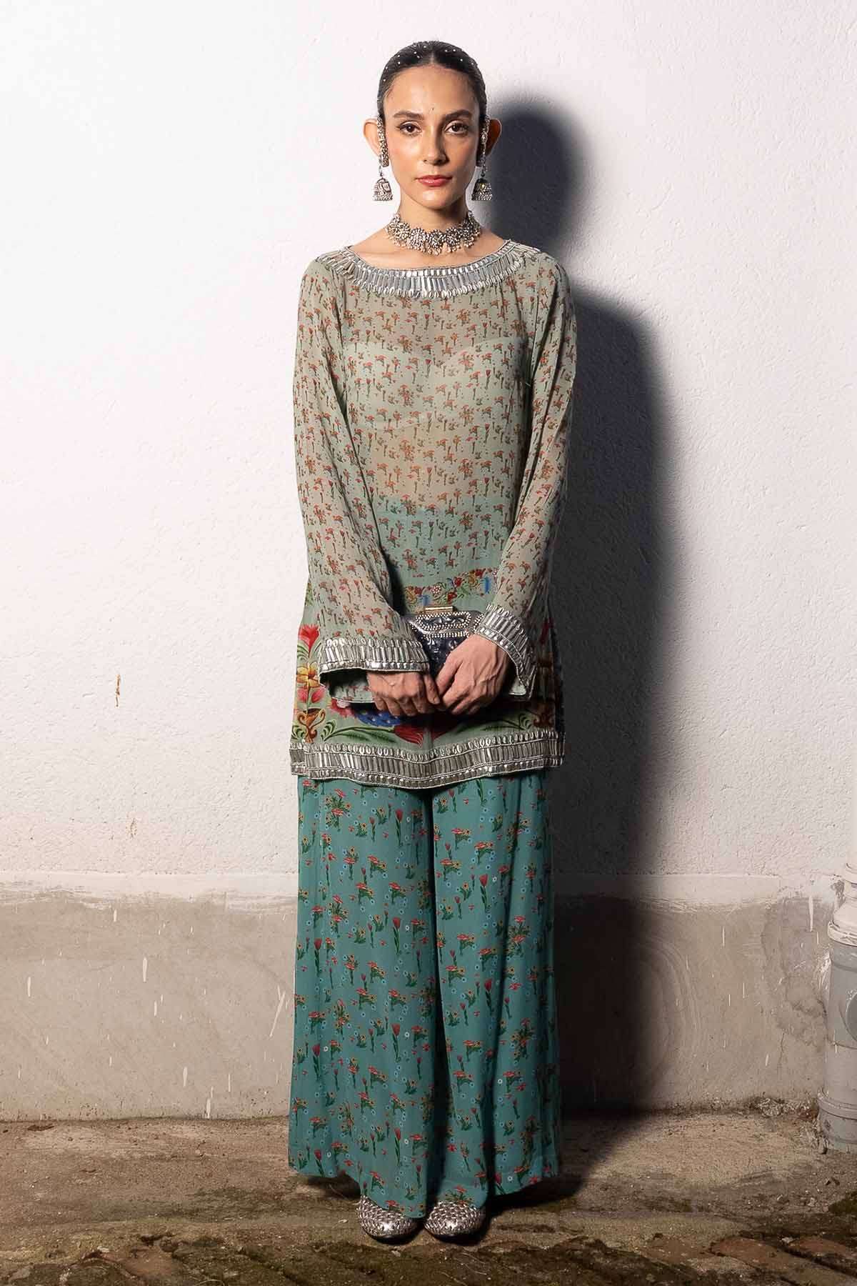 Buy Teal Georgette Kurta & Pants by Saksham Neharicka for women online at ScrollnShops