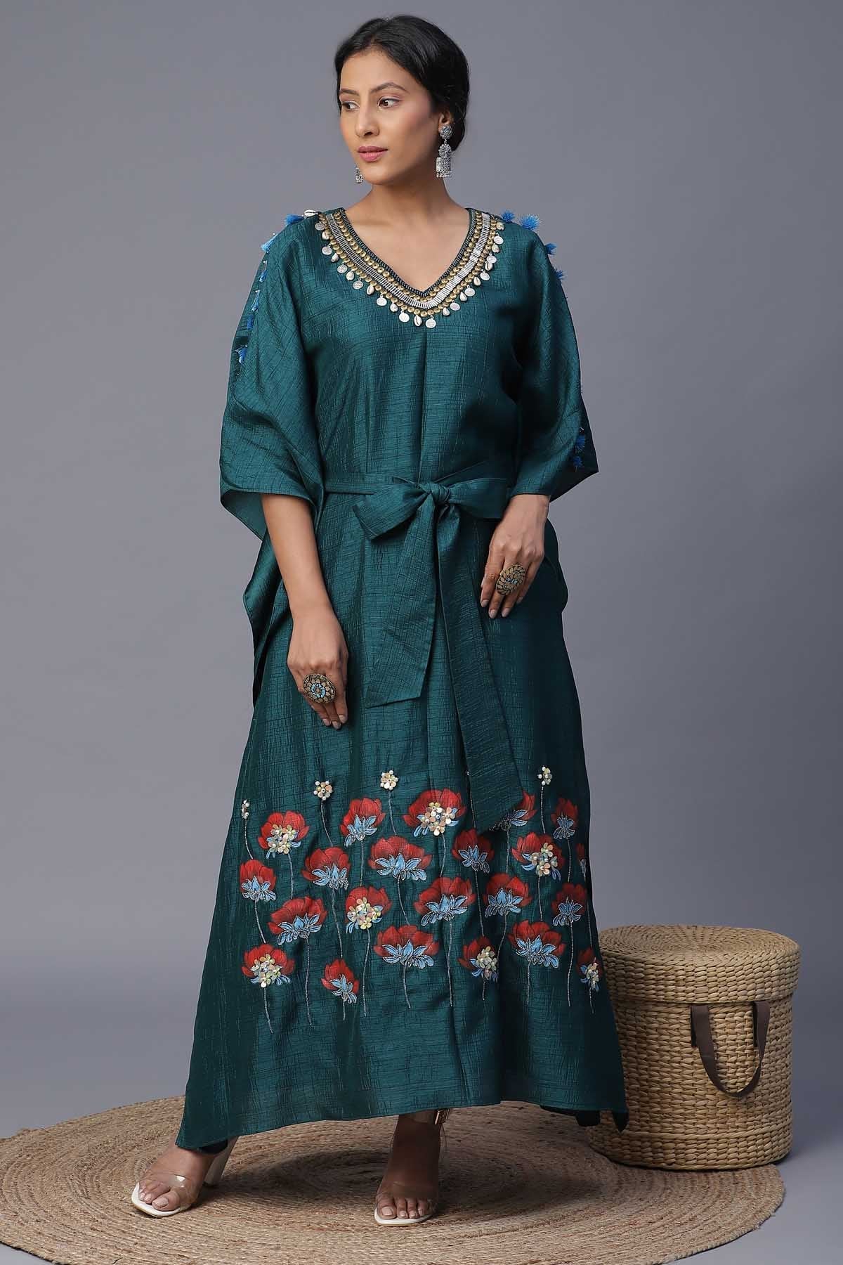 Buy Arpita SulakshanaTeal Green Botanical Kaftan