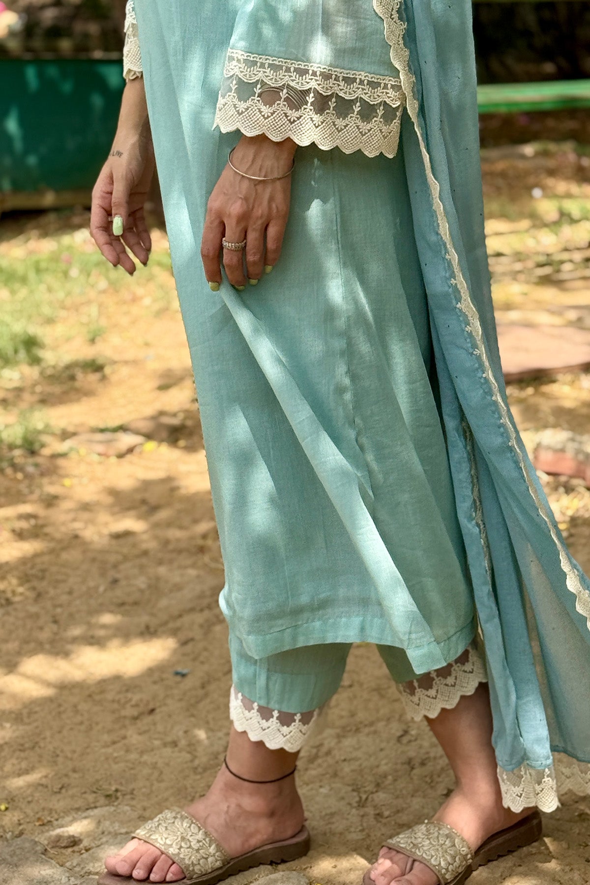 Teal Green Cotton Mul Kurta Set