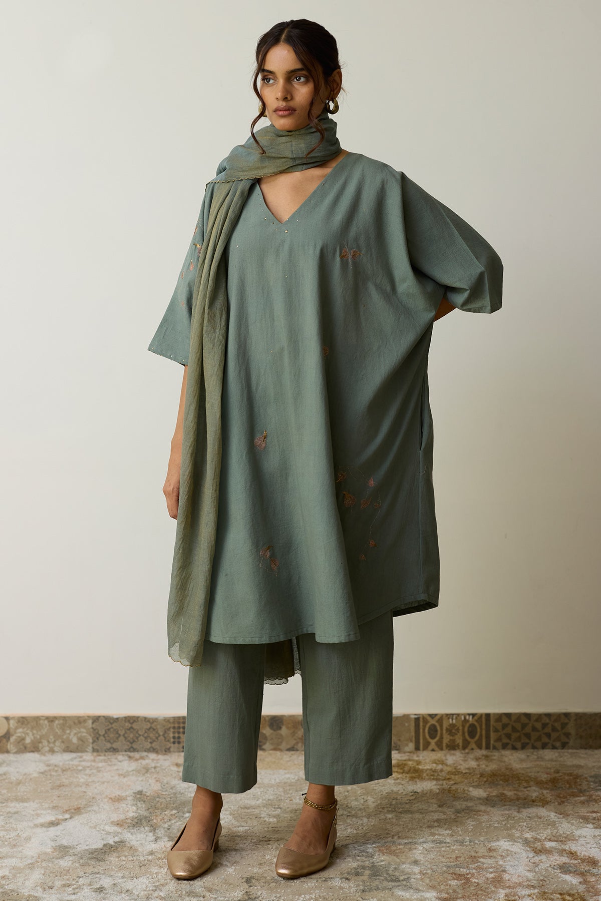Buy Teal Green Embroidery Kurta Set for women by Rhua India online available at scrollnshops