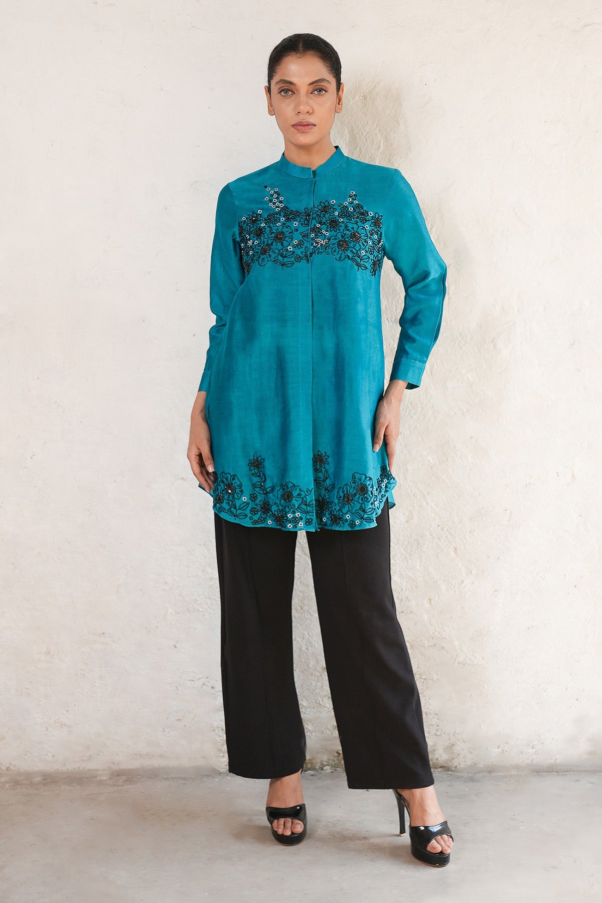 Buy Teal Hand Embroidered Shirt by Saksham Neharicka for women online at ScrollnShops