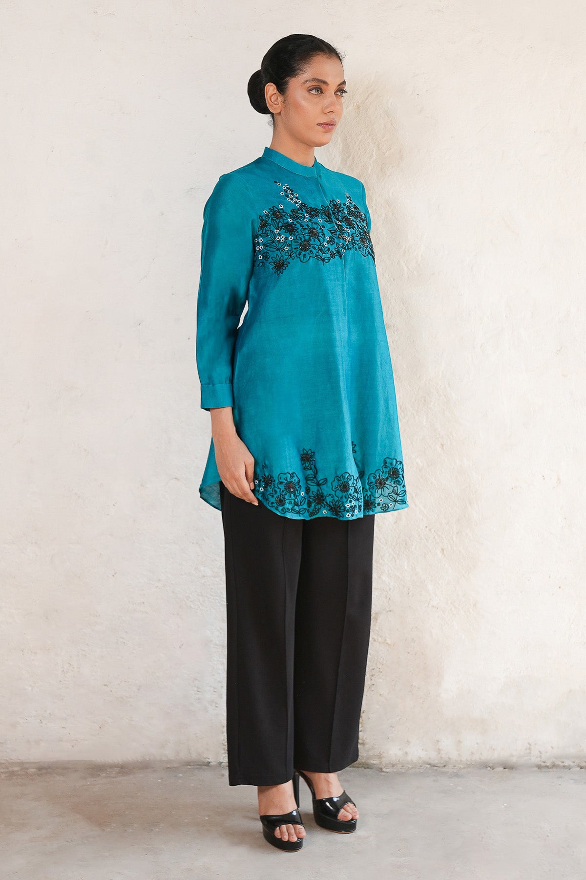 Teal Hand Embroidered Shirt