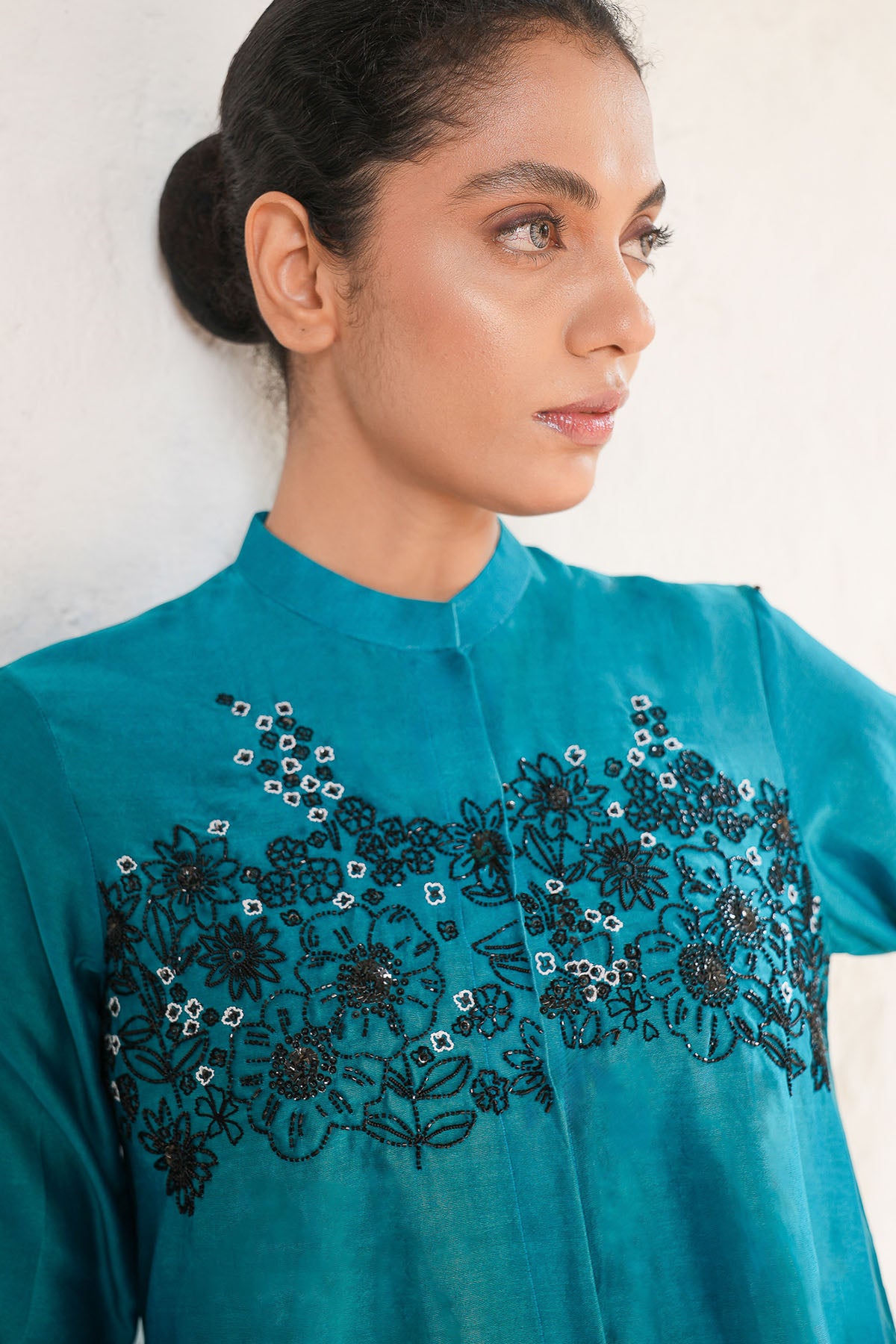 Teal Hand Embroidered Shirt