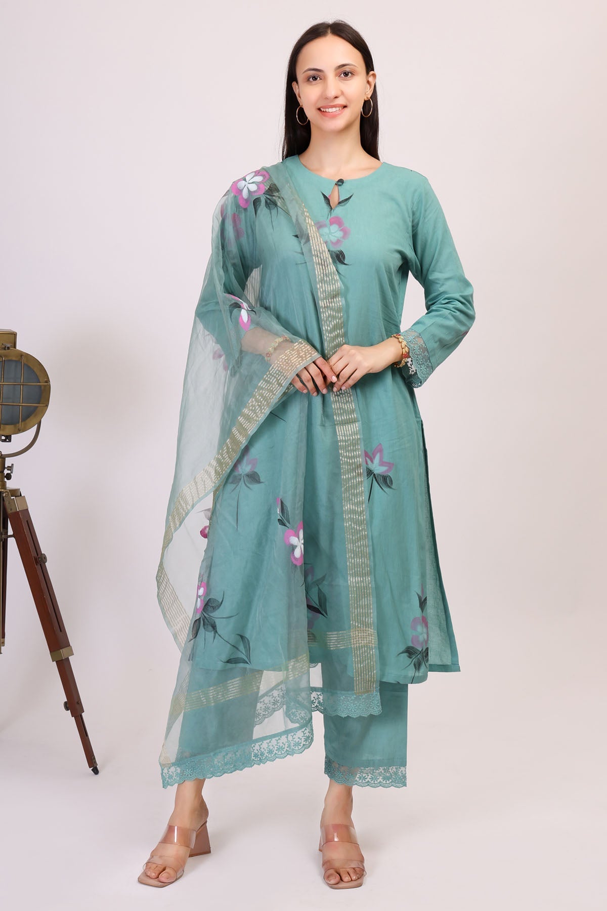 Simply Kitsch Teal Hand Painted Kurta Set for women online at ScrollnShops